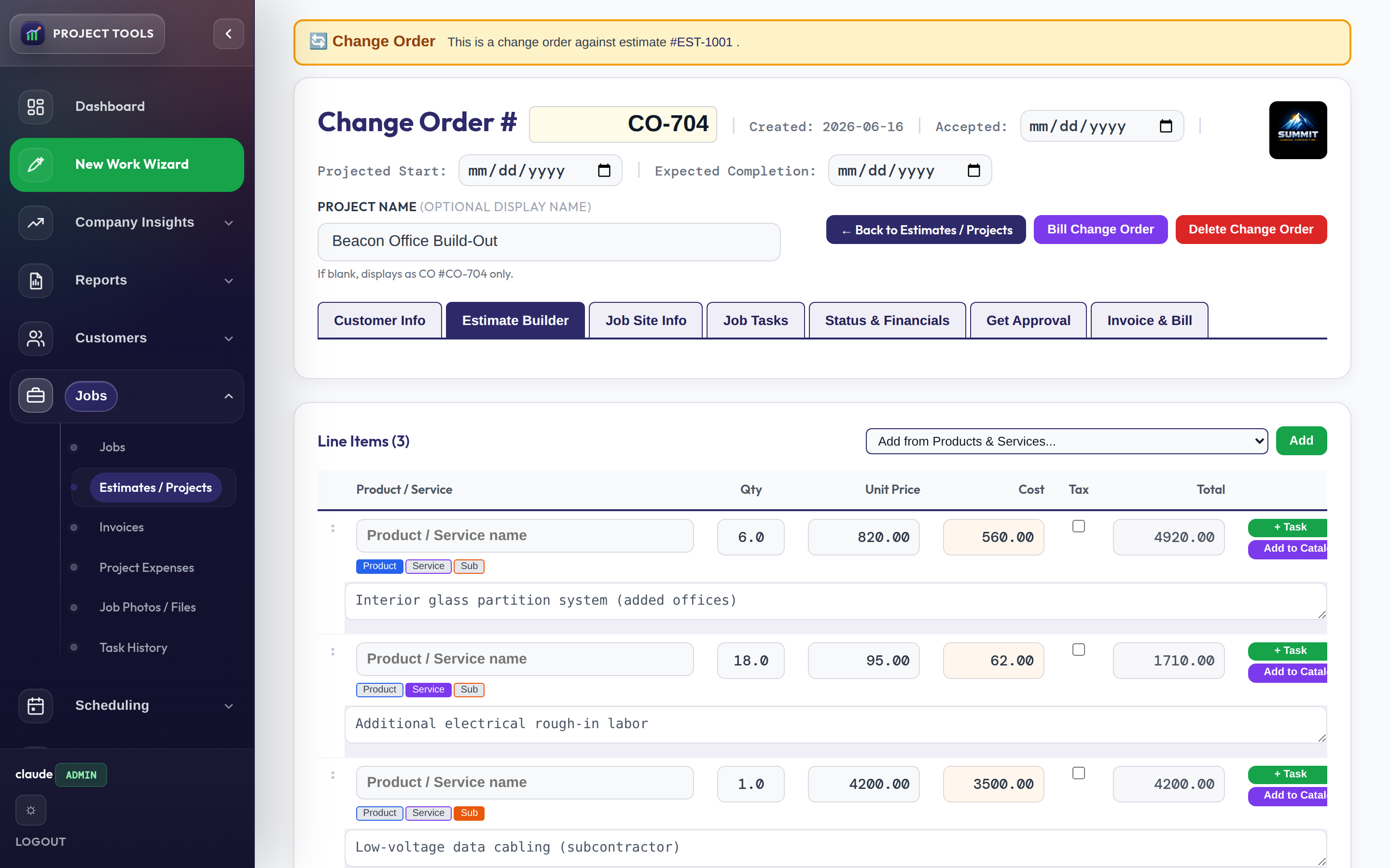 Change order detail with a parent-estimate banner and new line items