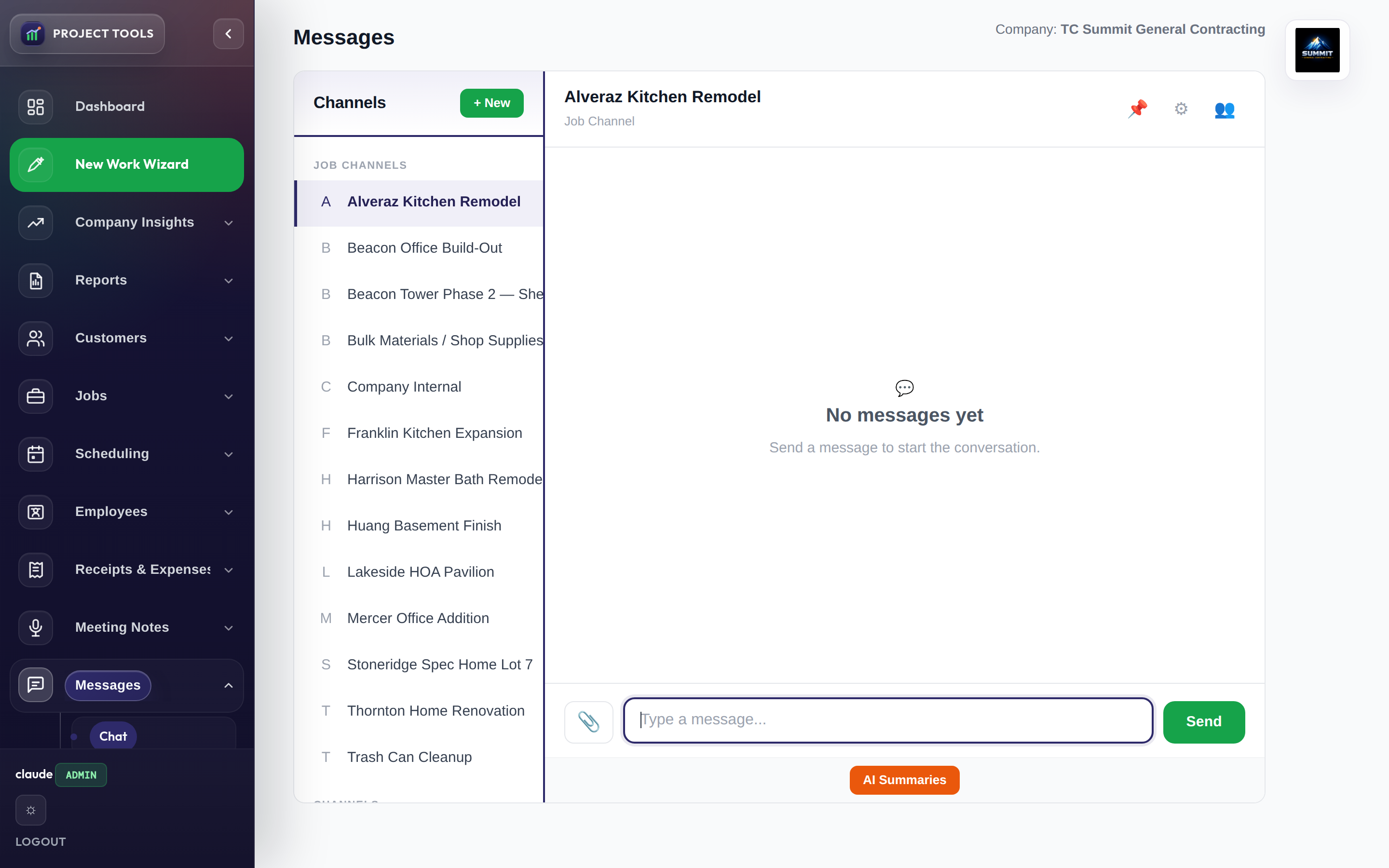 Admin job channel conversation with message input and AI summary