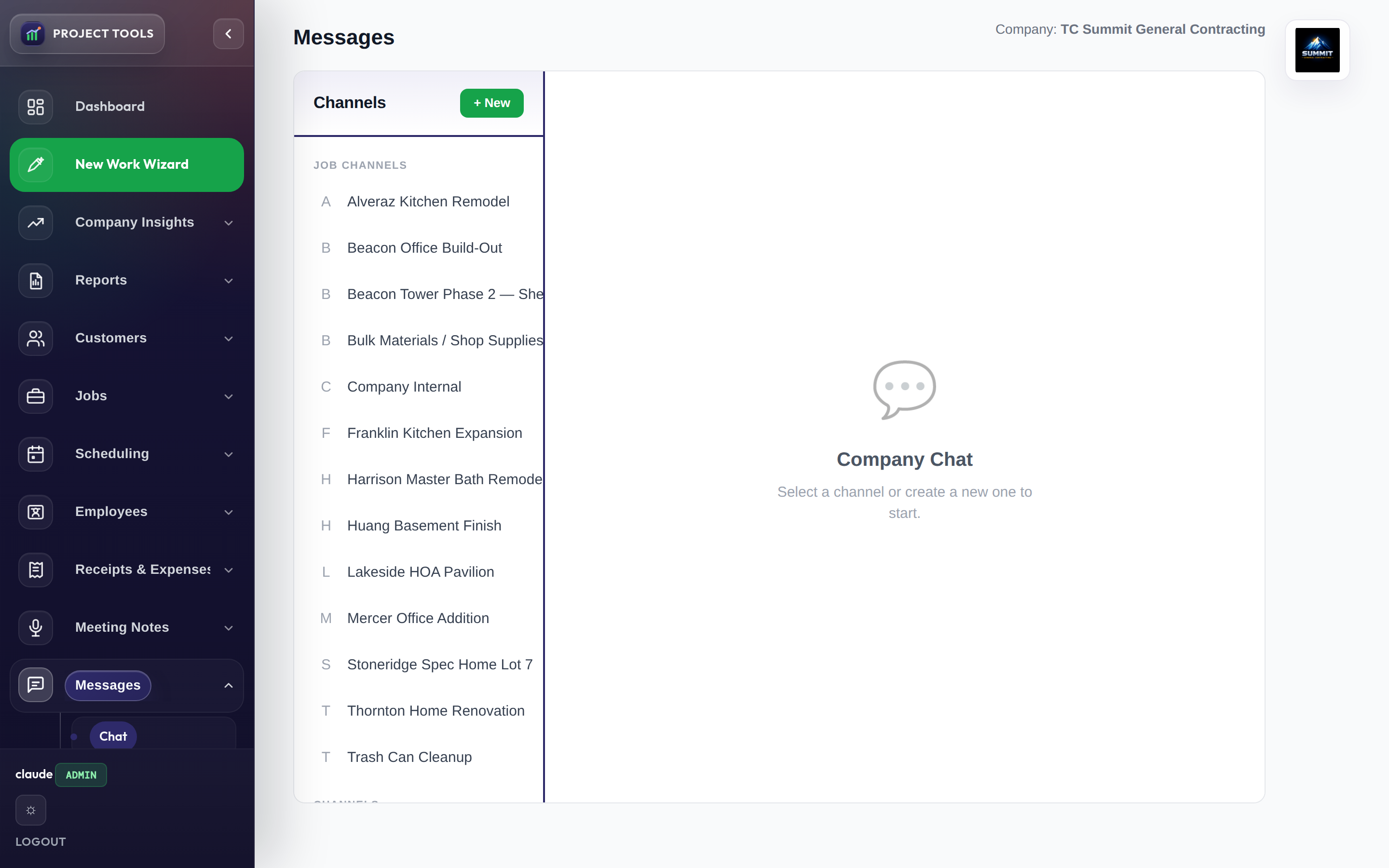 Admin messages view with all job and custom channels
