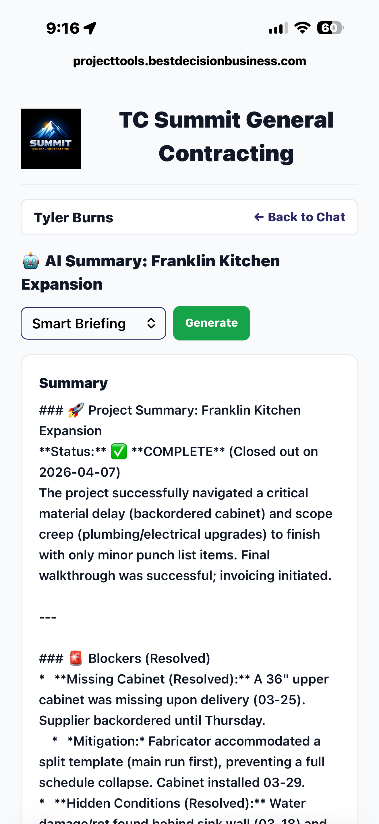 AI summary drawer open in the Job Hub showing a synthesized recap of the conversation