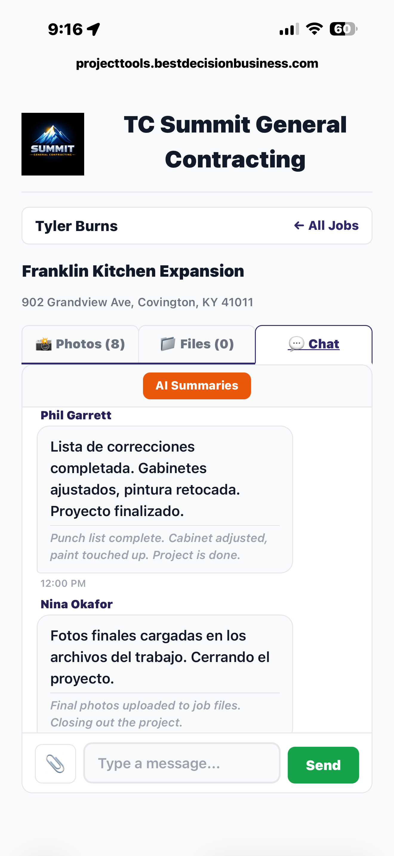 Job Hub chat view with crew messages, auto-posted receipt and photo events, and a reply thread