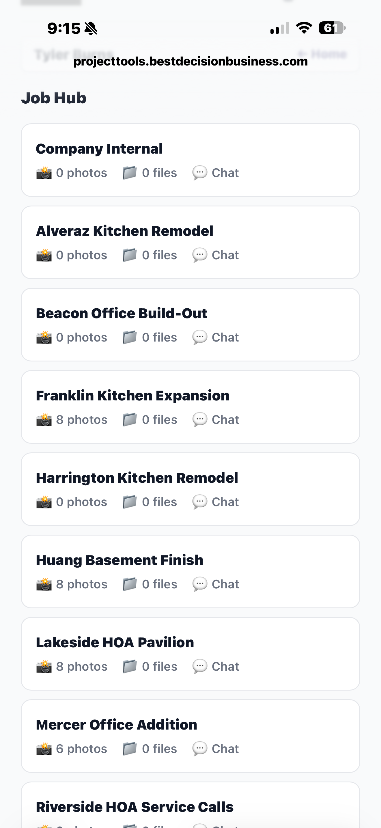 Job Hub channel list grouped by job, each with an unread indicator and last-message preview