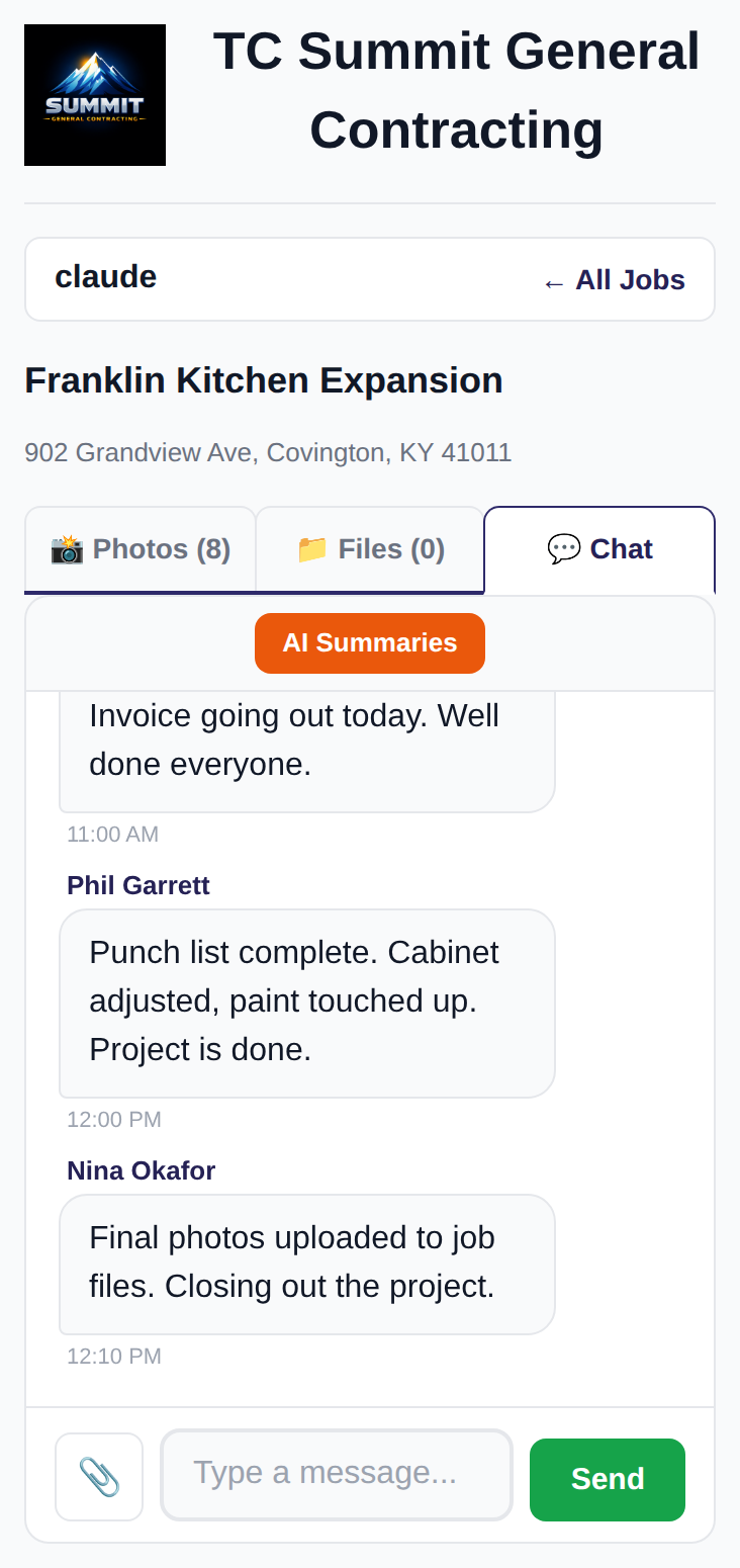 Job channel conversation on a phone with photos and updates