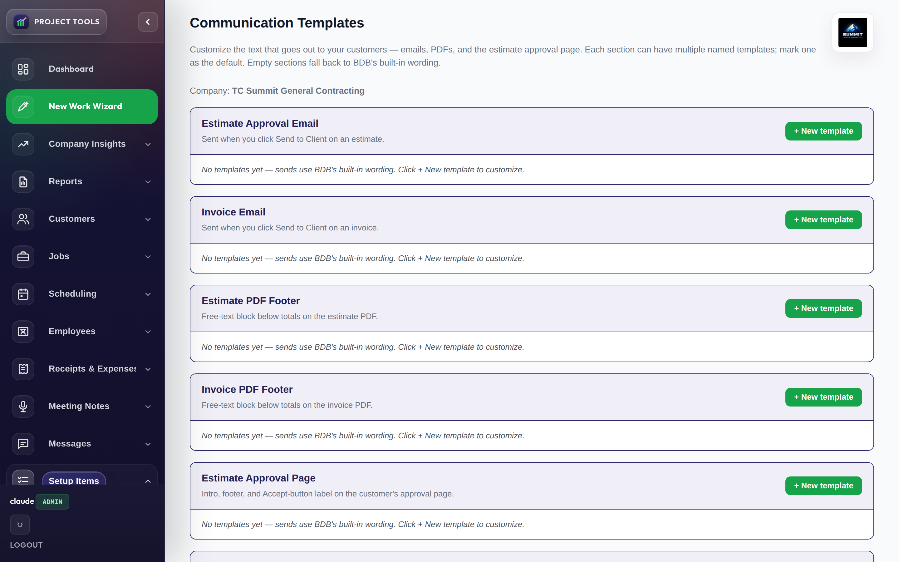 Template editor with an AI Writer and click-to-insert merge tags