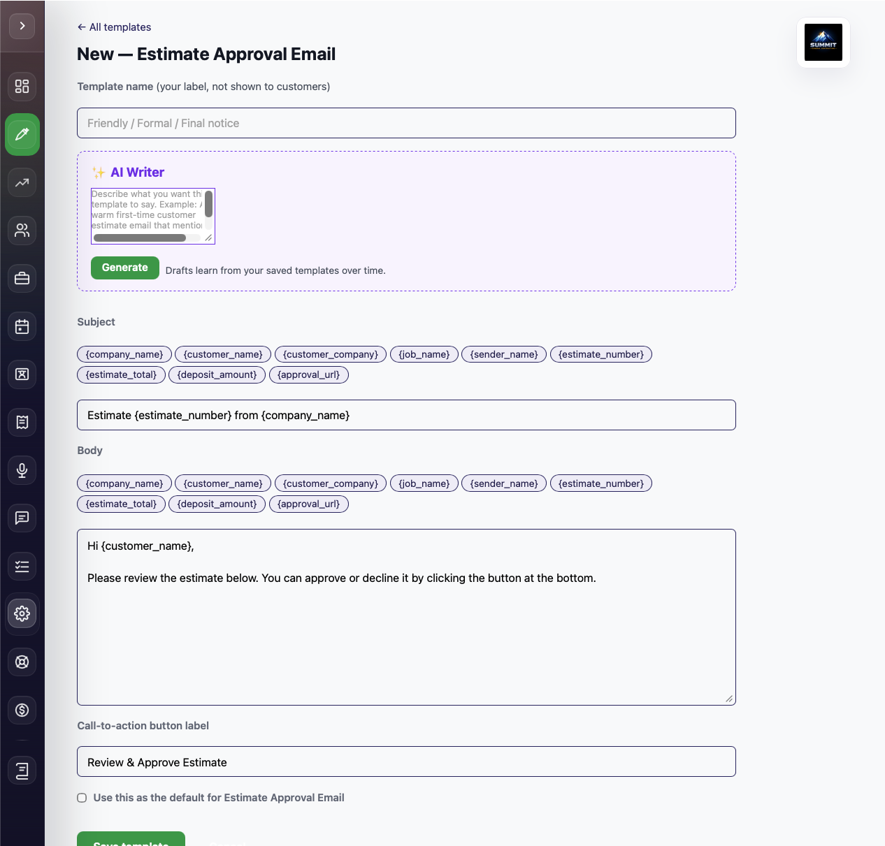 Communication Templates editor with merge-tag chips and the AI Writer