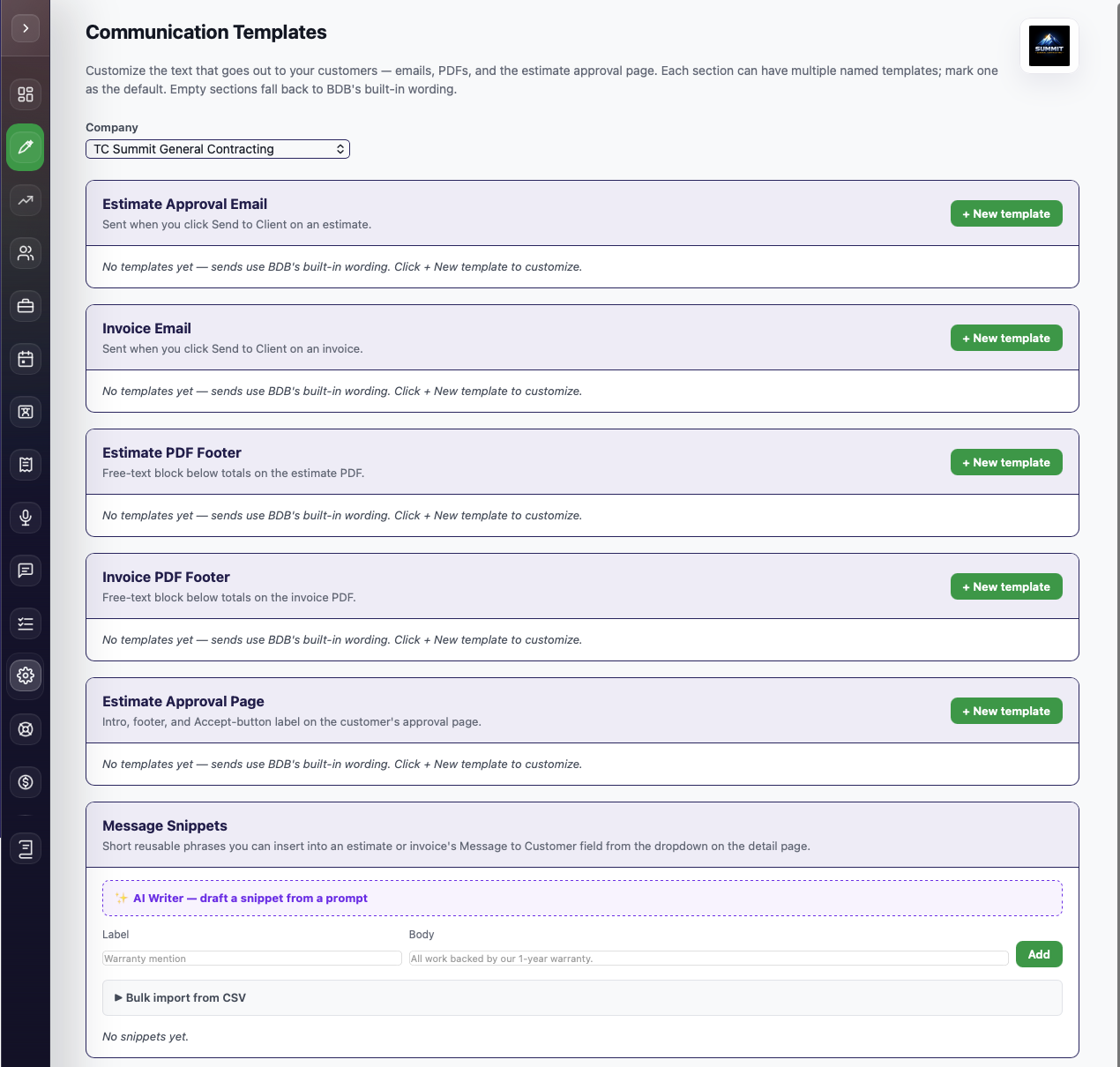 Communication Templates overview showing the five editable surfaces and Message Snippets