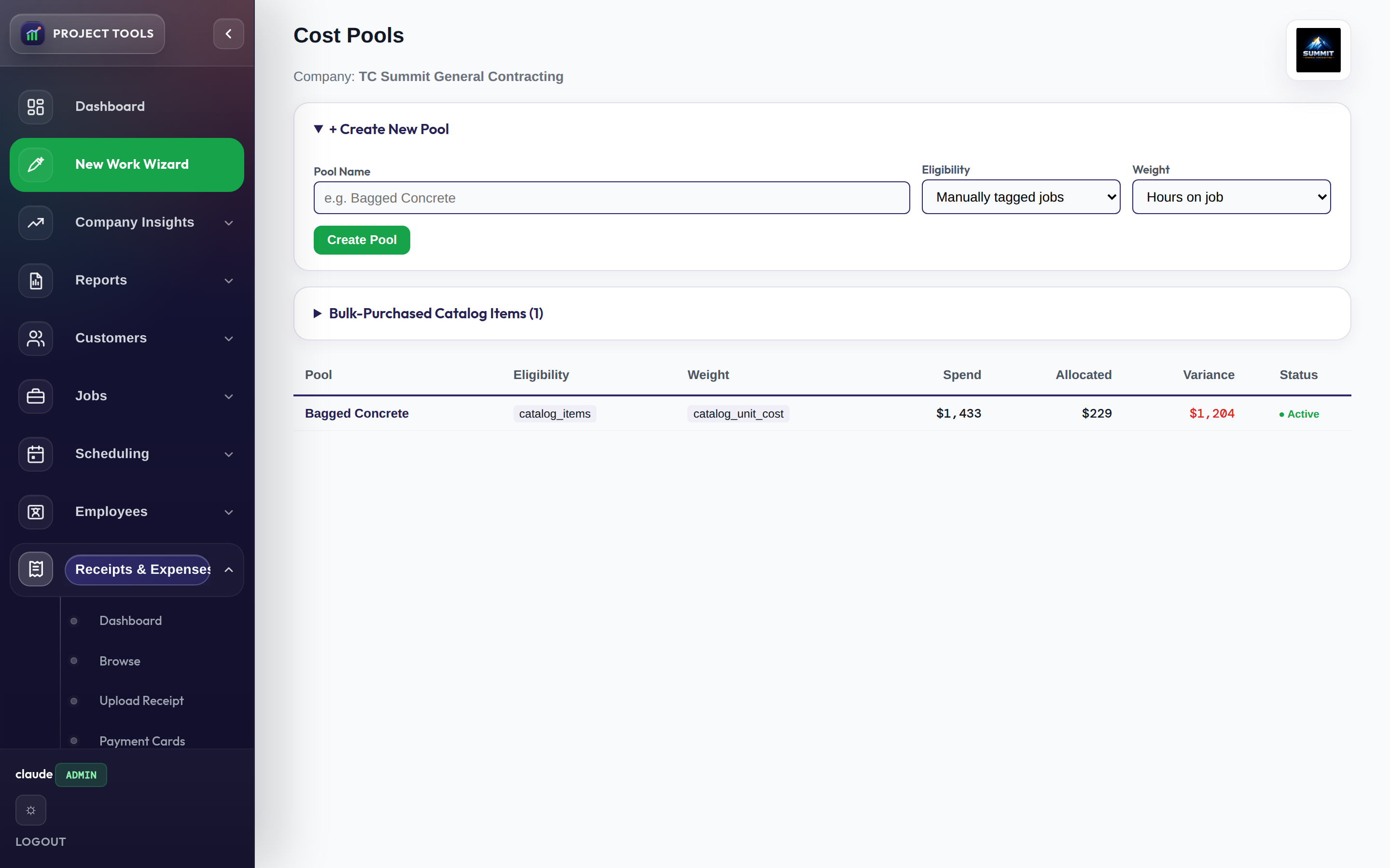 Create Cost Pool form with eligibility and weight options