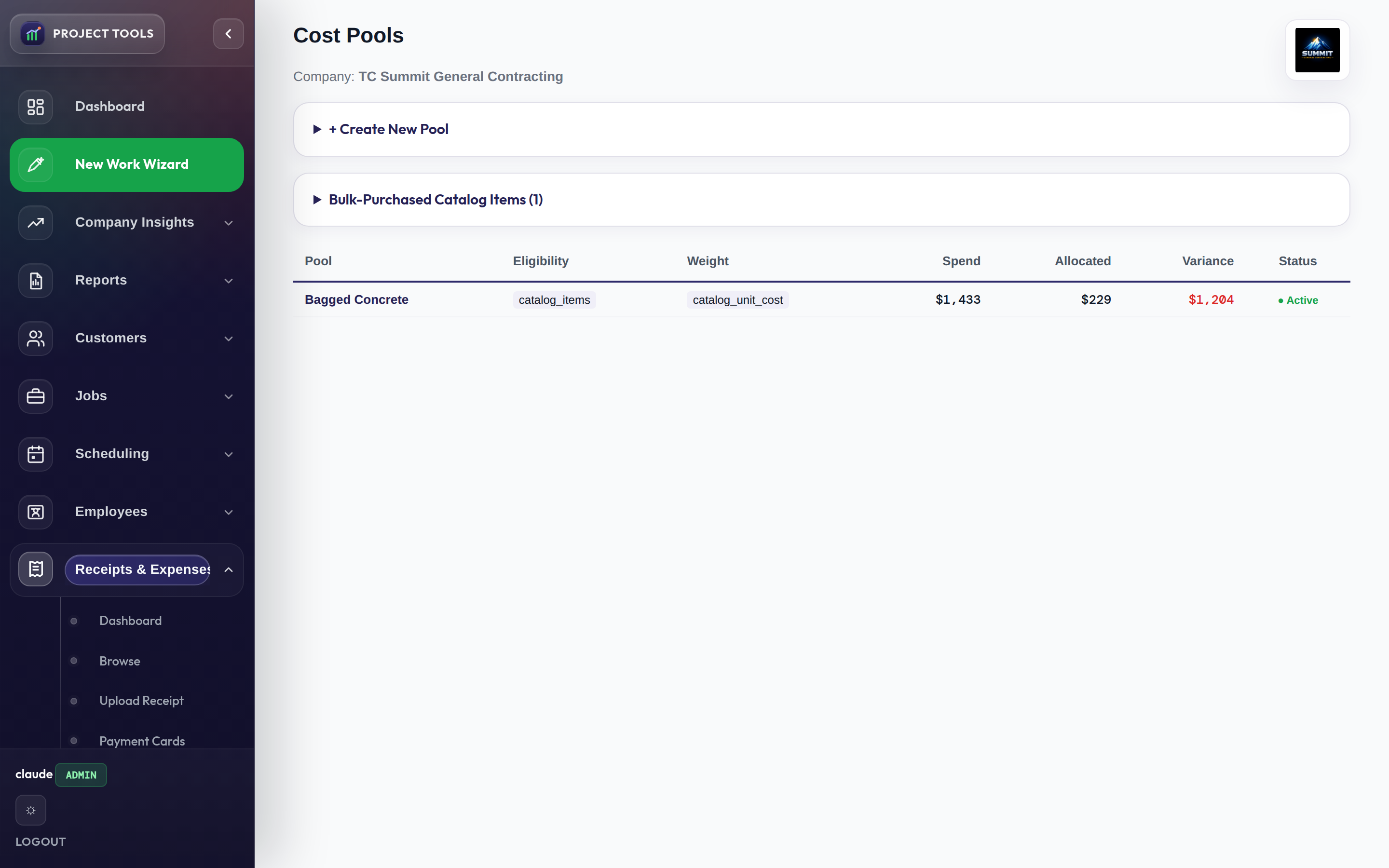 Cost Pools list showing a bulk supply pool with spend, allocated, and variance
