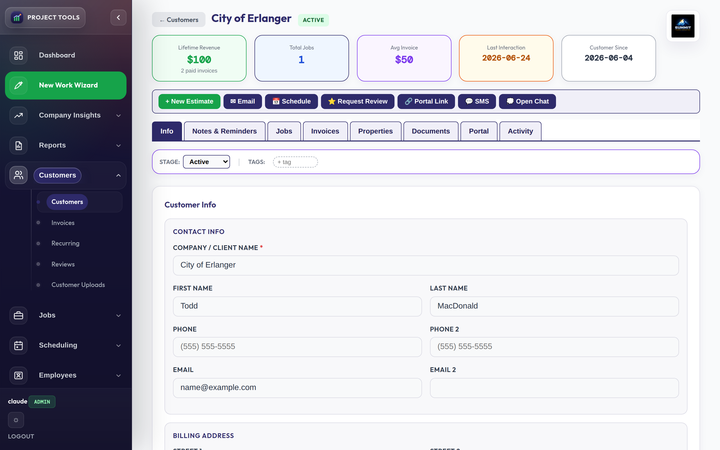 Customer detail with lifetime revenue, jobs, and tabbed history