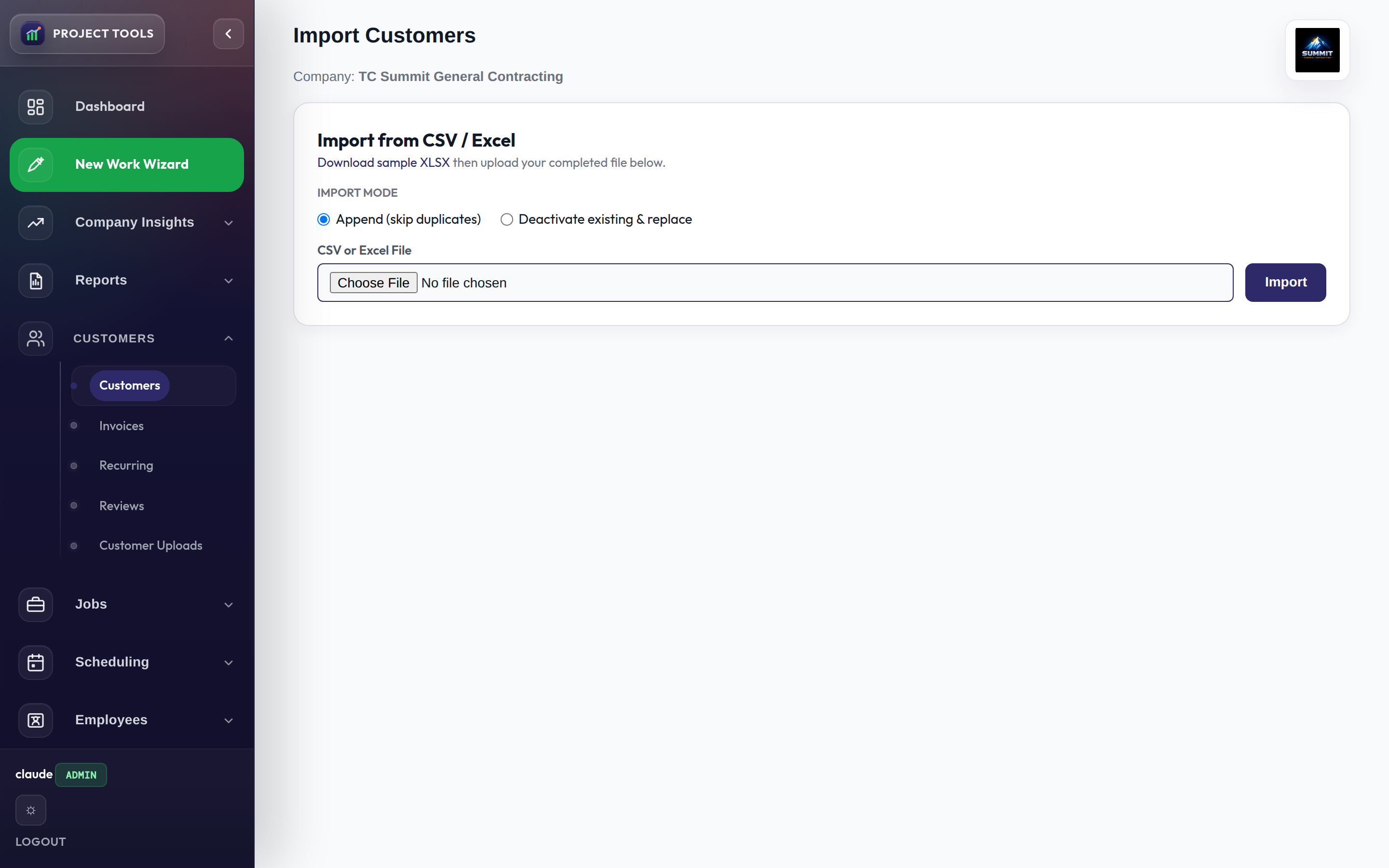 Customer import screen for bulk CSV upload