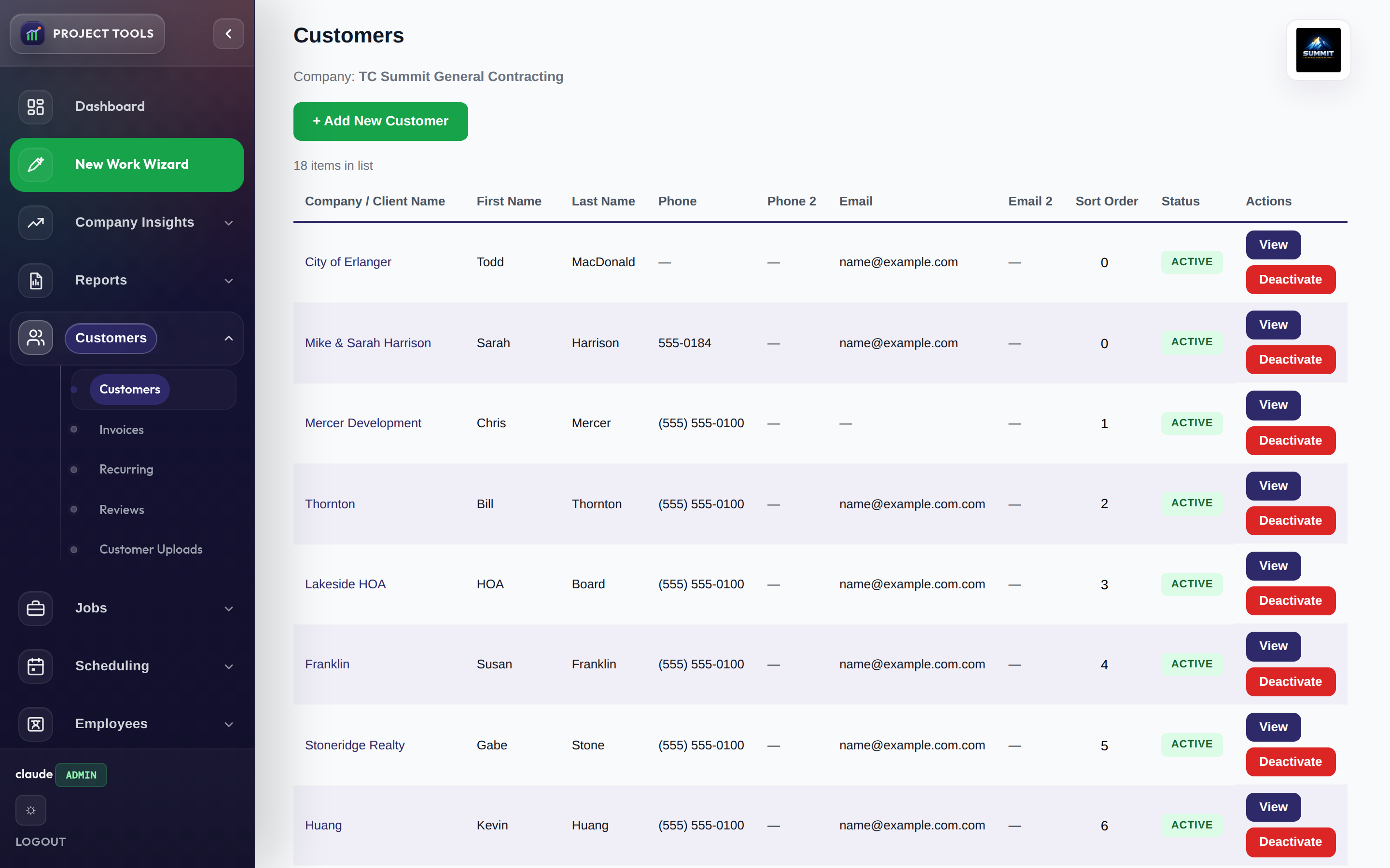 Customer list with company names and status