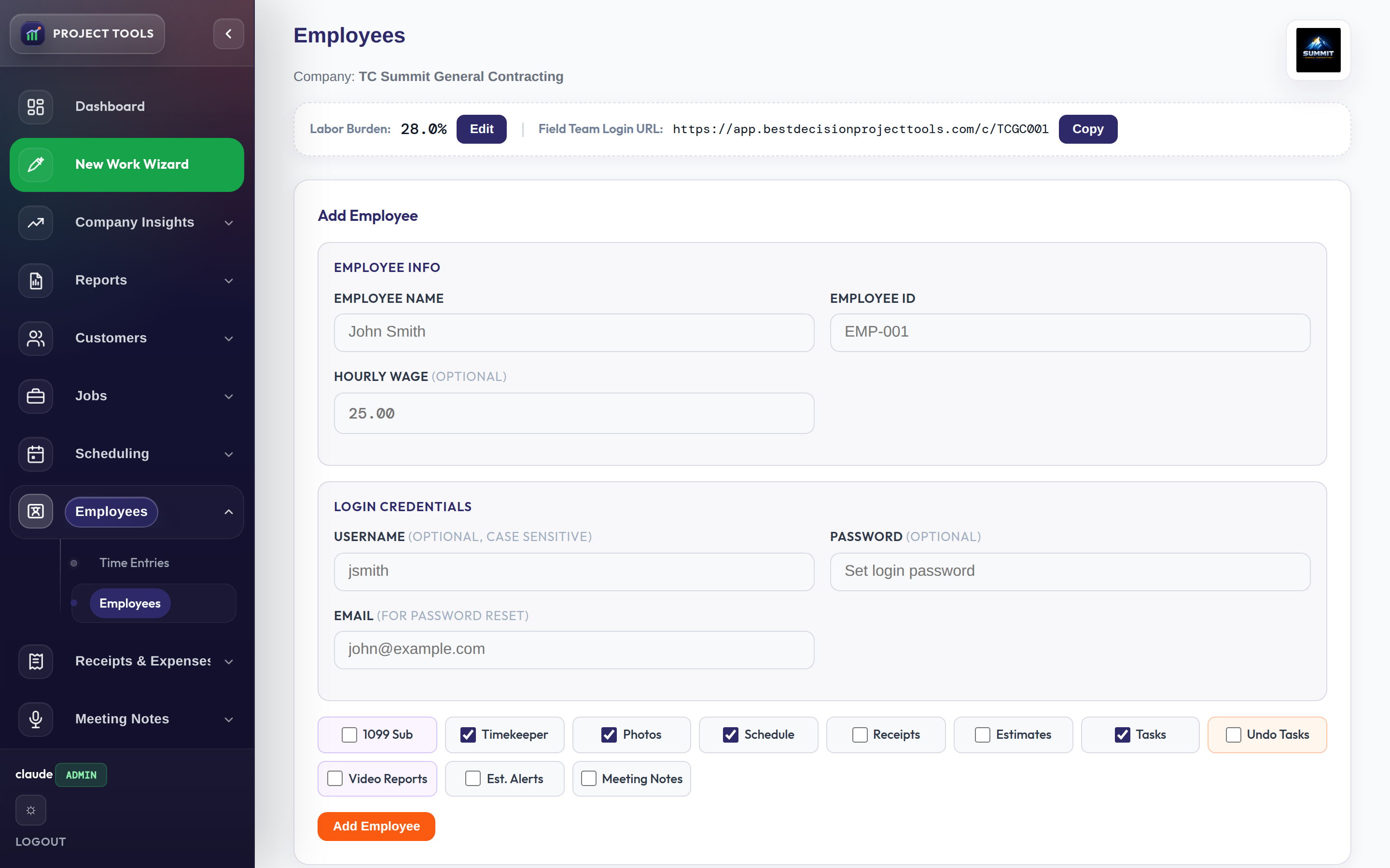 Add Employee form with per-employee module access toggles