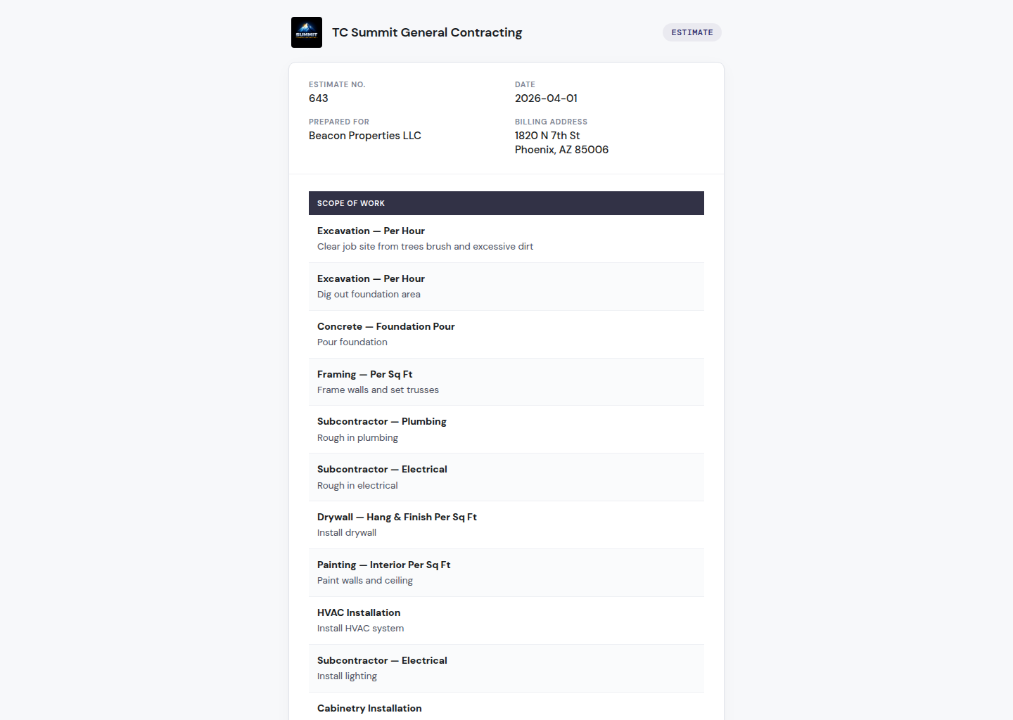Customer-facing estimate approval page with scope of work