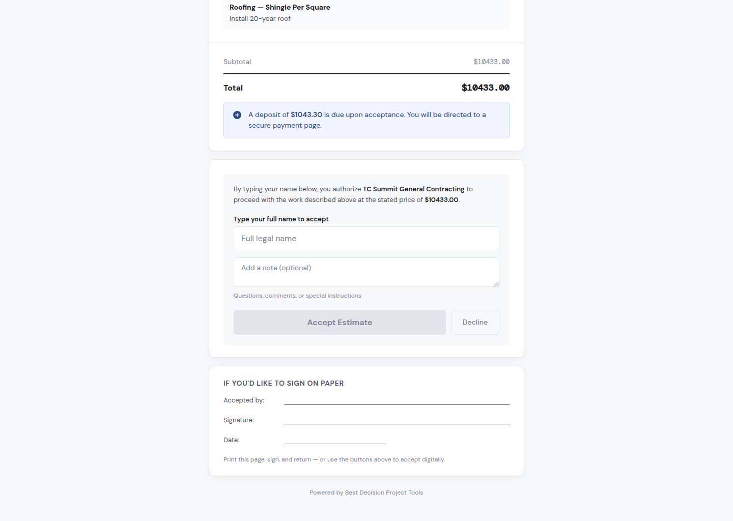 Approval page sign form with a deposit due callout and accept button