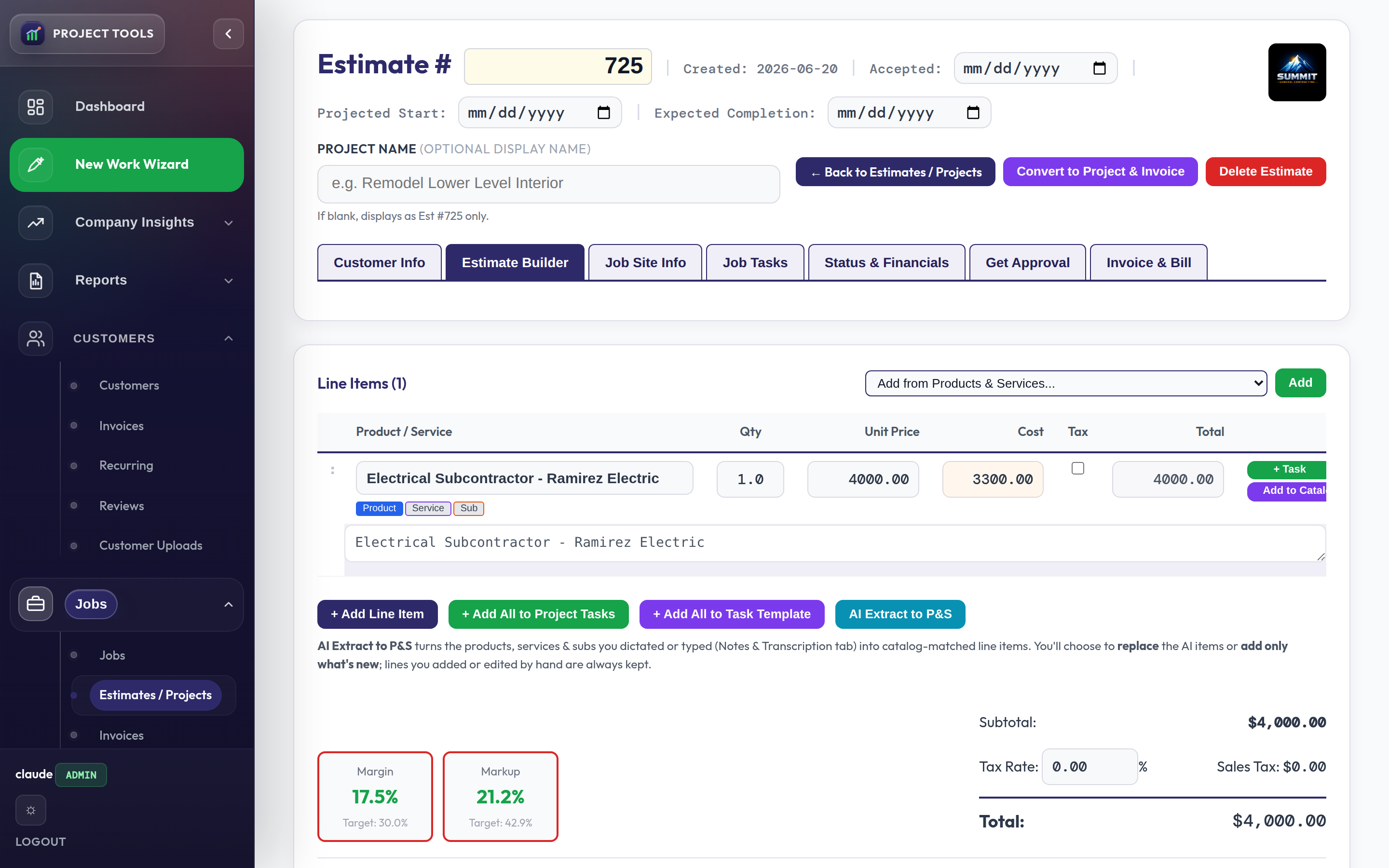 Estimate Customer Info tab with contact details and lead source