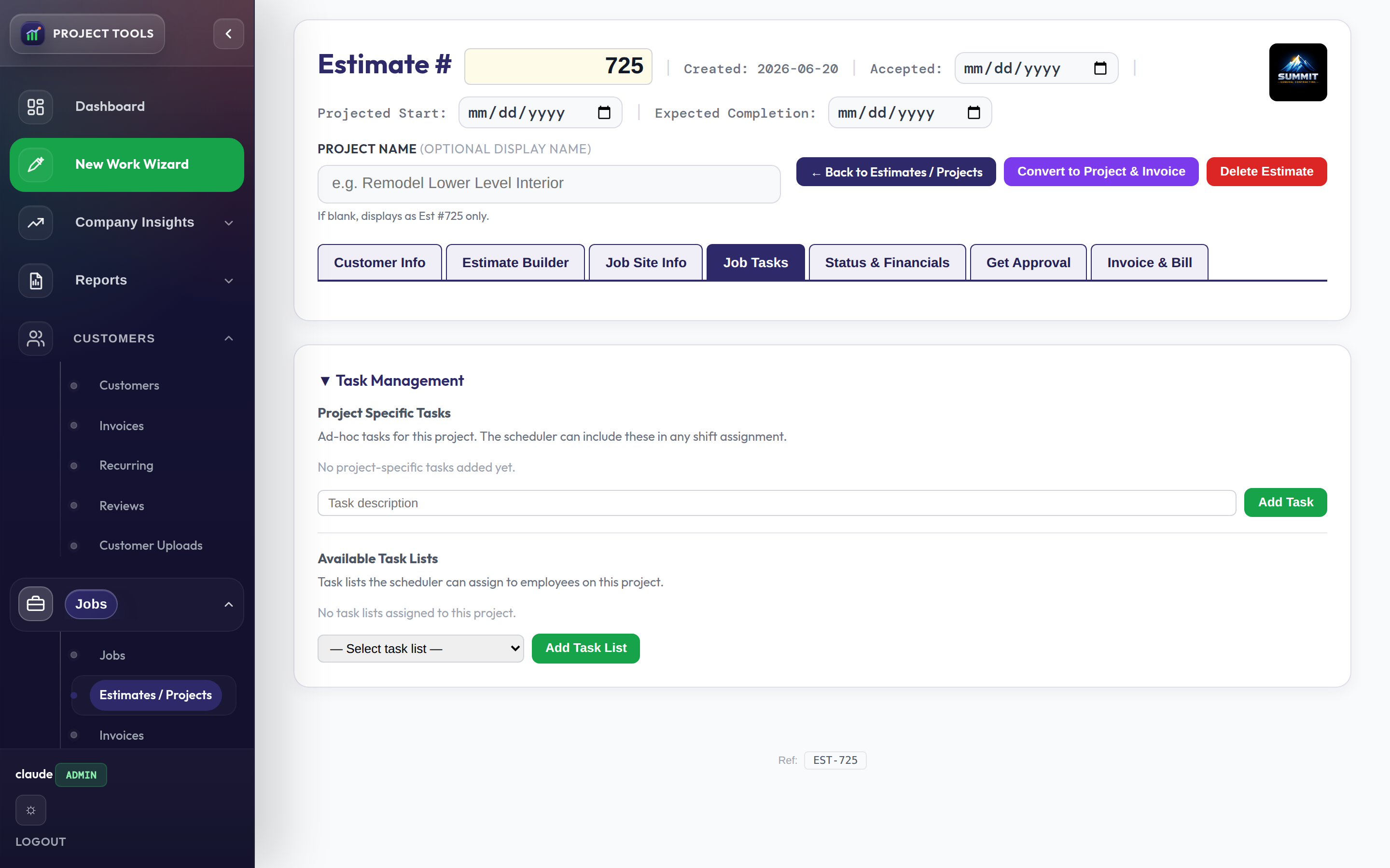 Job Tasks tab with project-specific tasks and assignable task lists
