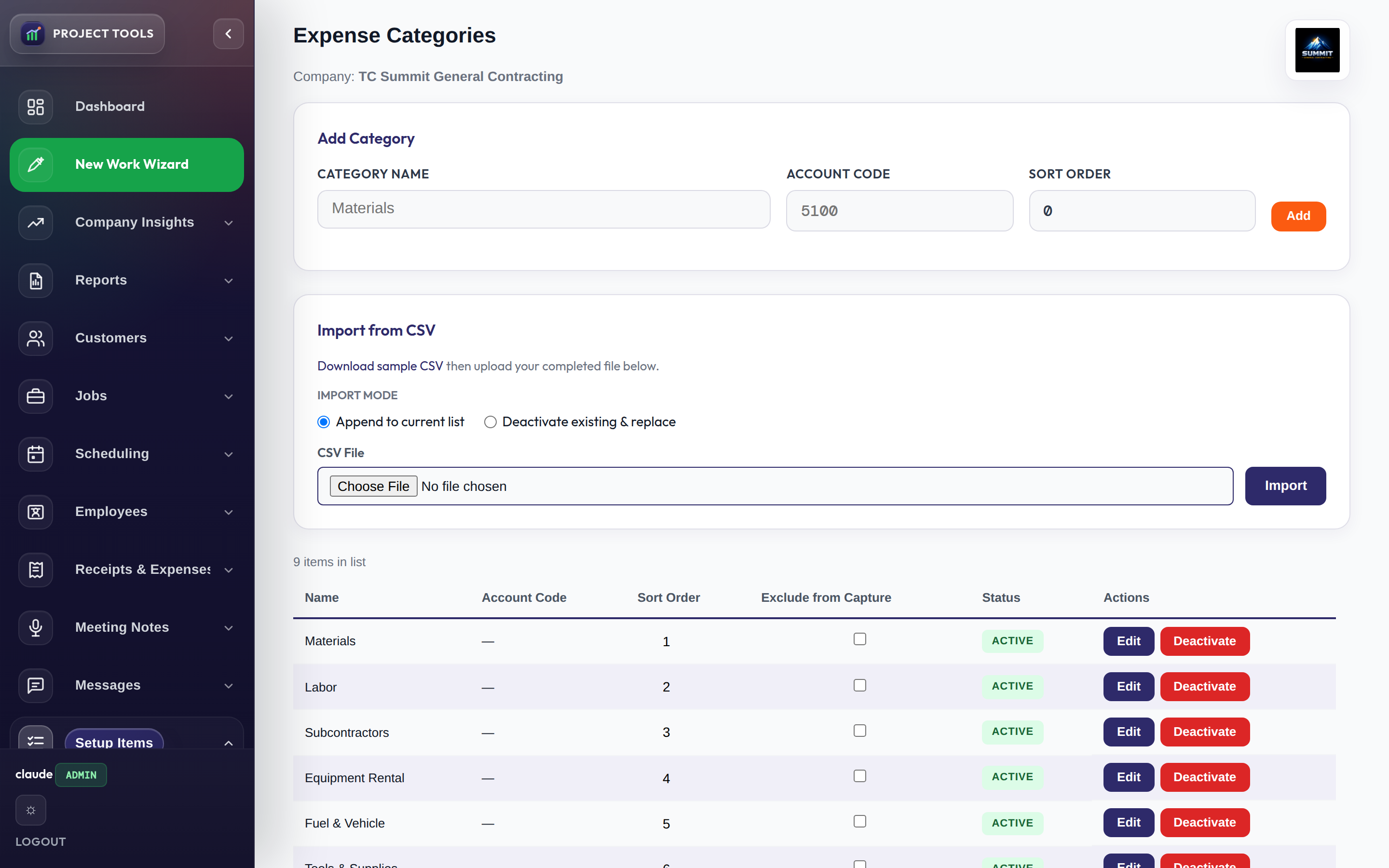 Expense Categories list with sort order and status