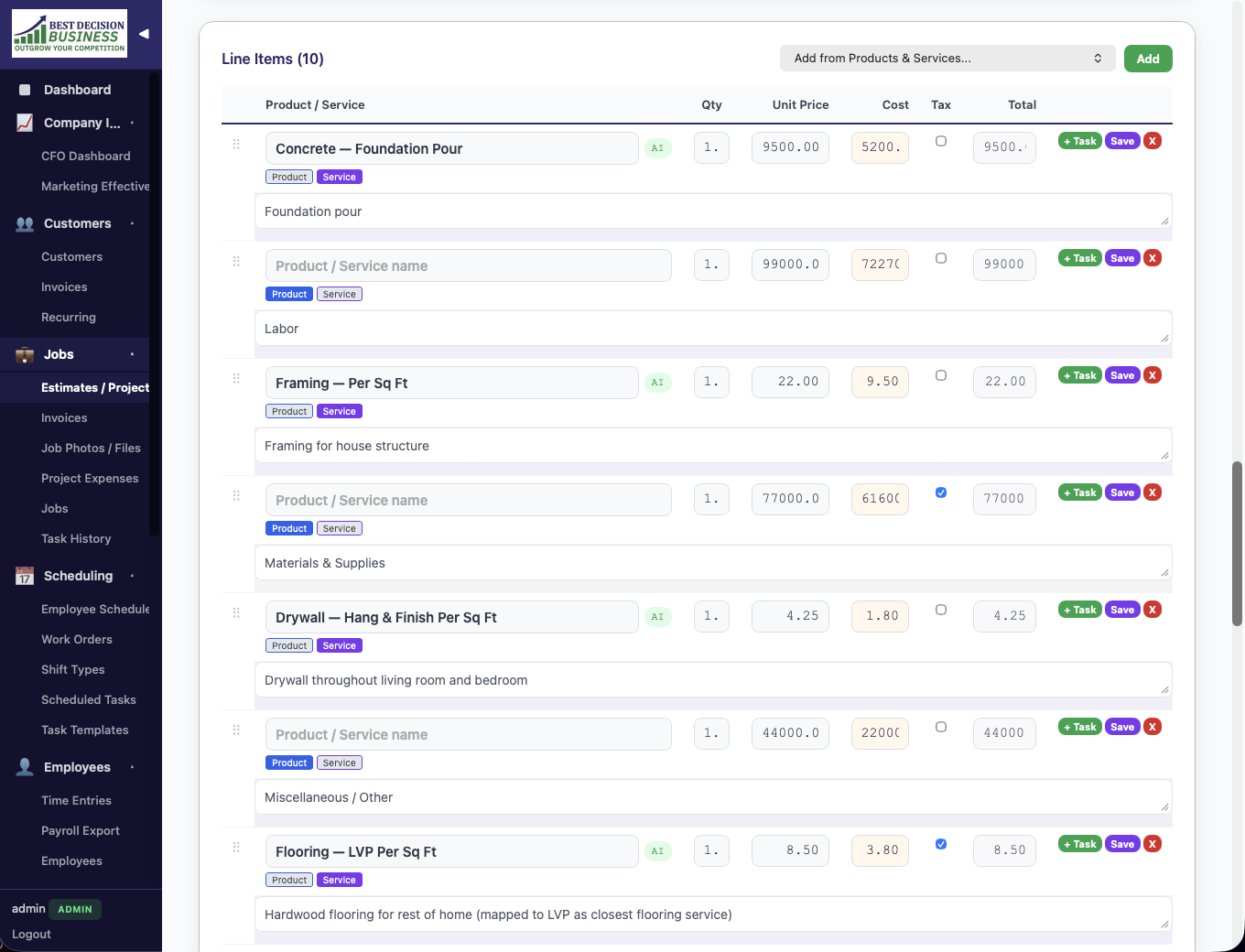 Estimate line items with products, quantities, and pricing