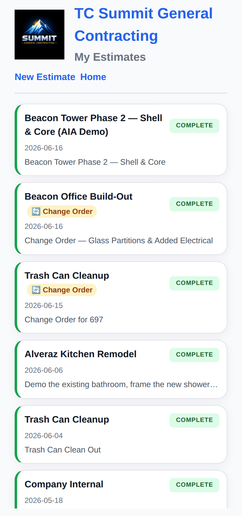 Employee list of submitted estimates on a phone