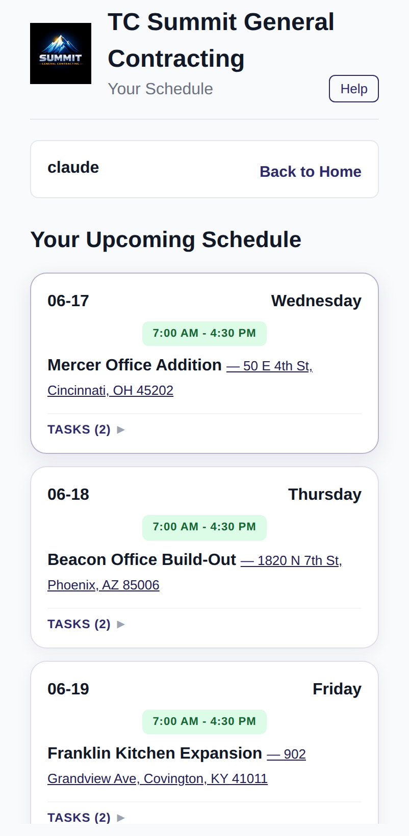 Employee upcoming schedule on a phone with job, time, and location