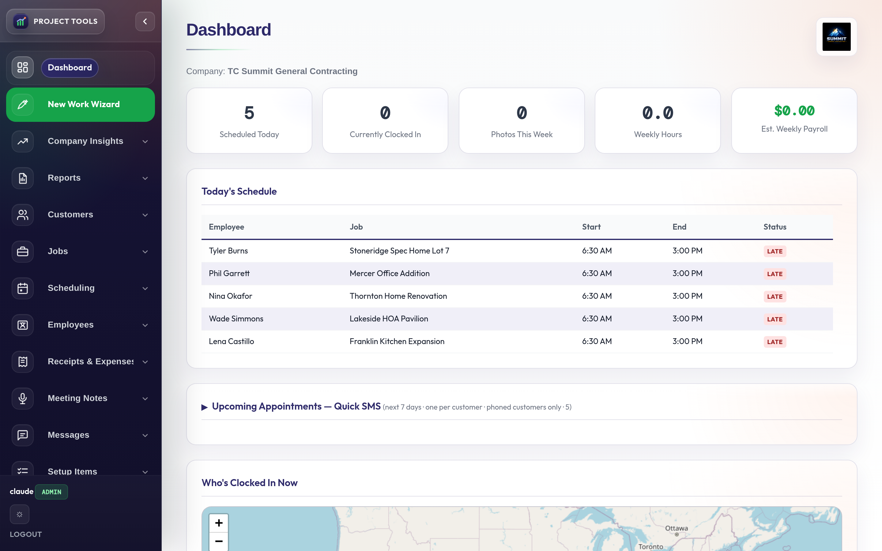 Admin dashboard with today's schedule, who is clocked in, and weekly payroll