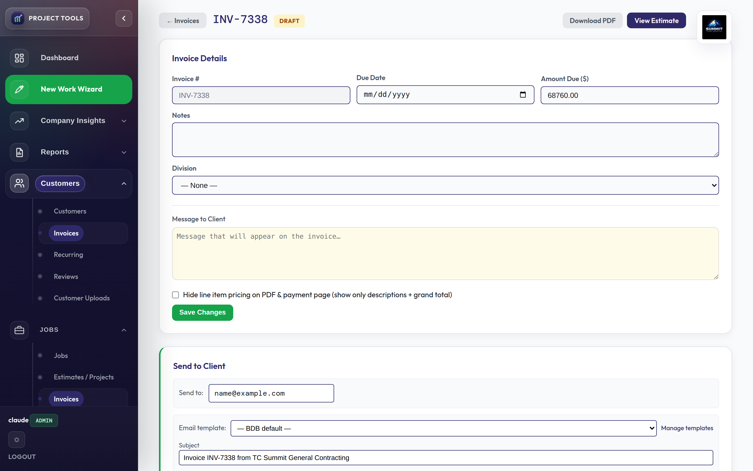 Invoice detail with line items and a Send to Client panel