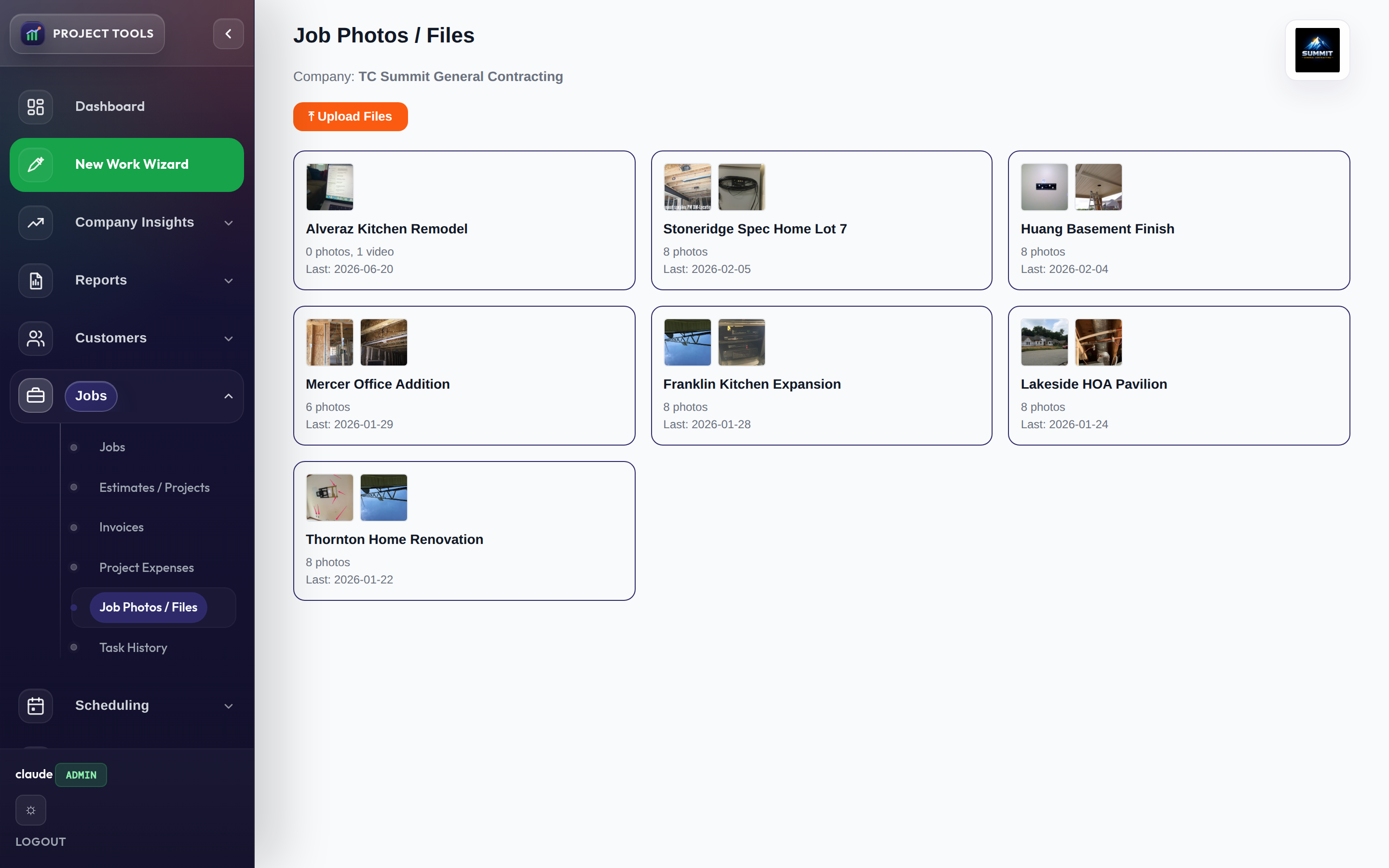 Admin job photos overview with per-job galleries and photo counts