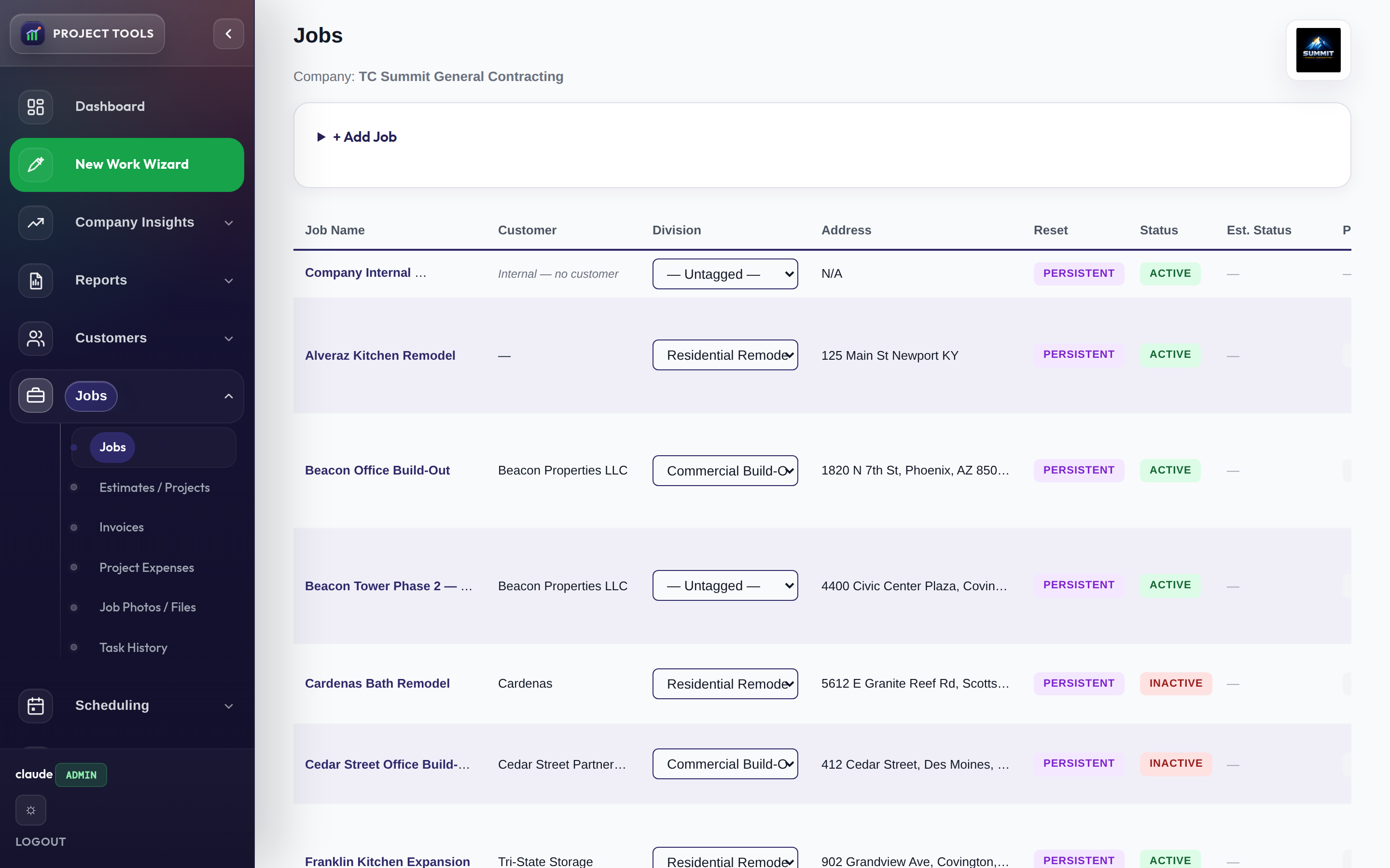 Jobs list with name, address, status, and GPS coordinates
