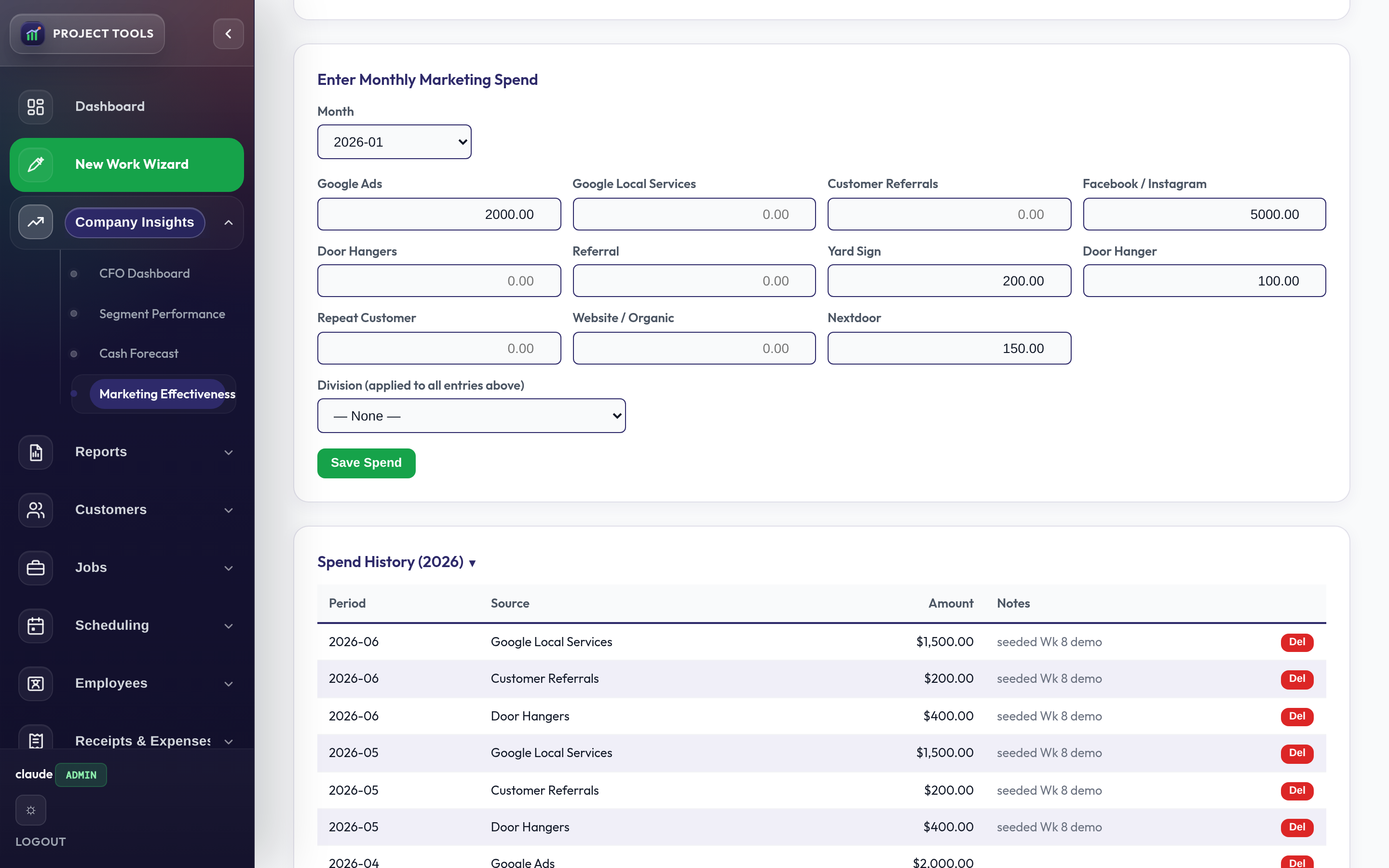 Monthly marketing spend entry form