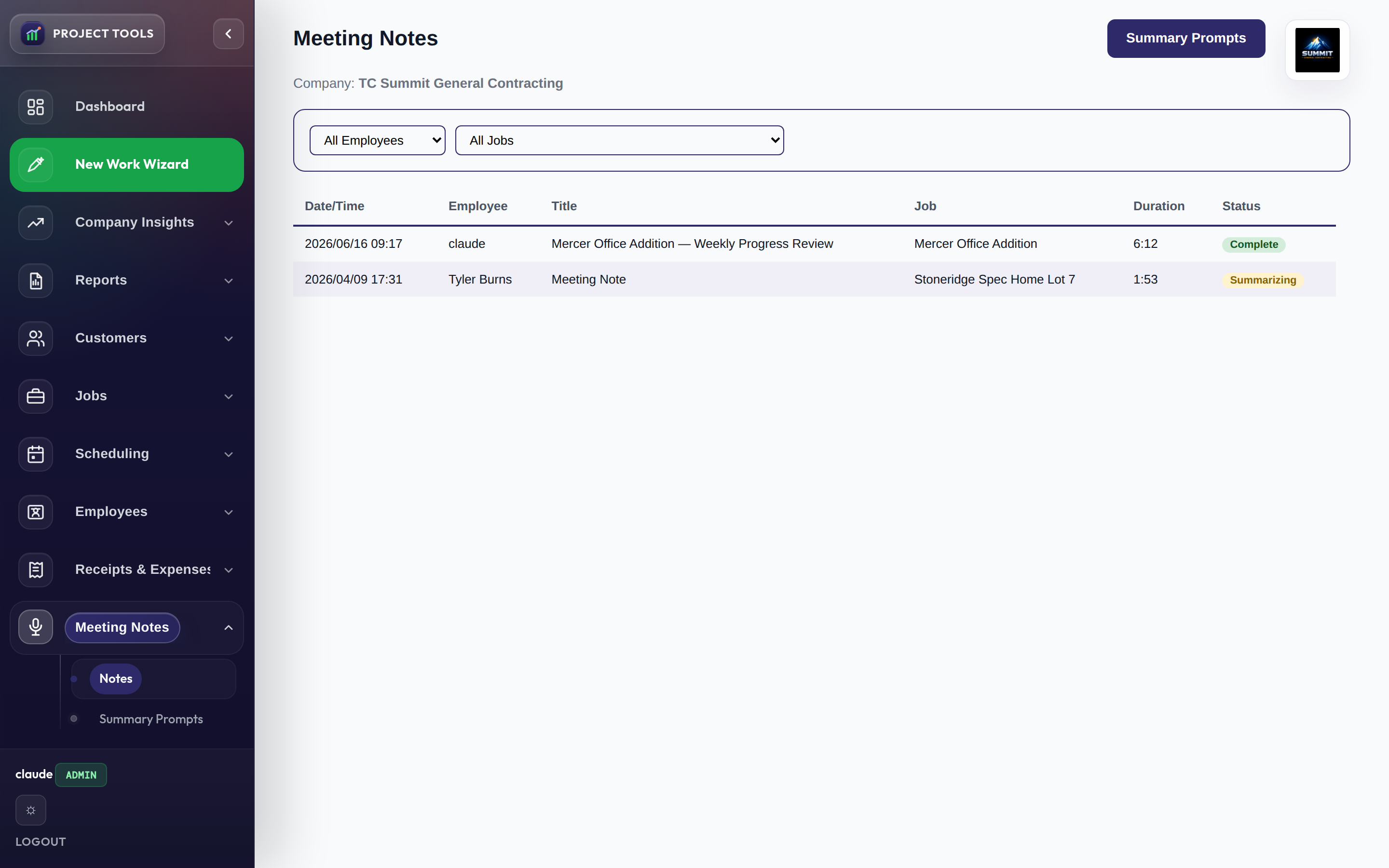 Admin meeting notes list with employee, job, and duration