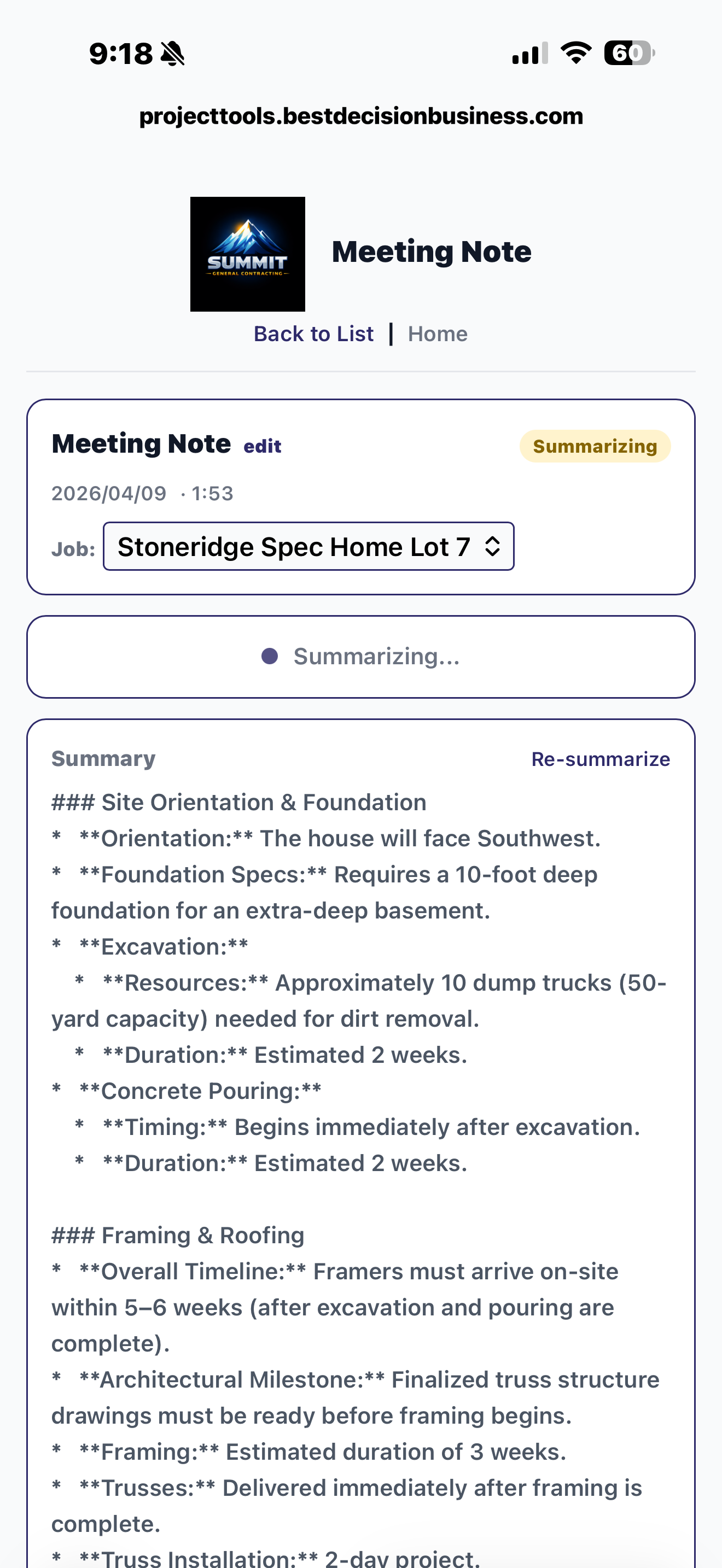 AI-generated summary of the meeting transcript with prompt history and extracted task list