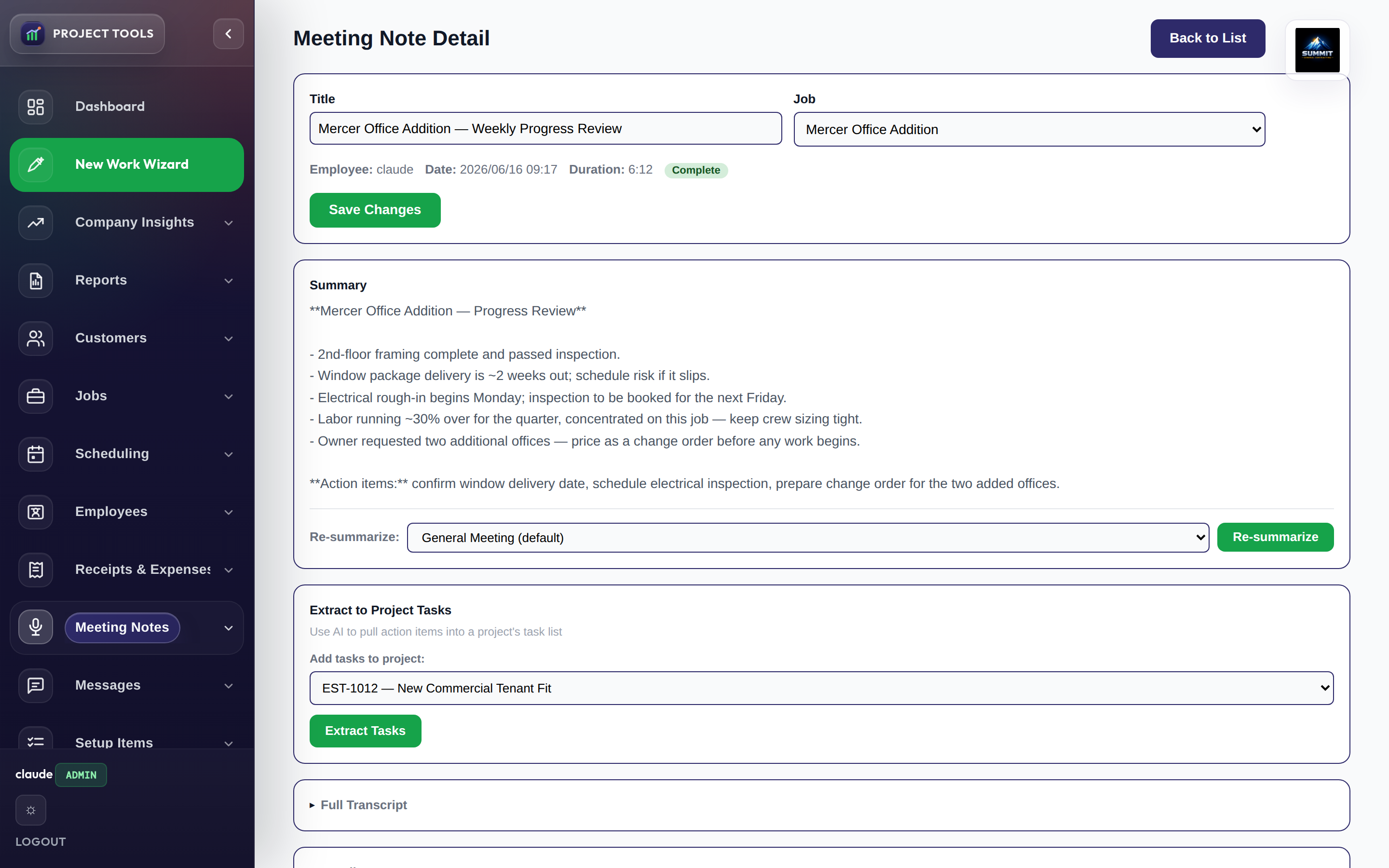 Meeting note detail with AI summary and an extract-to-tasks panel