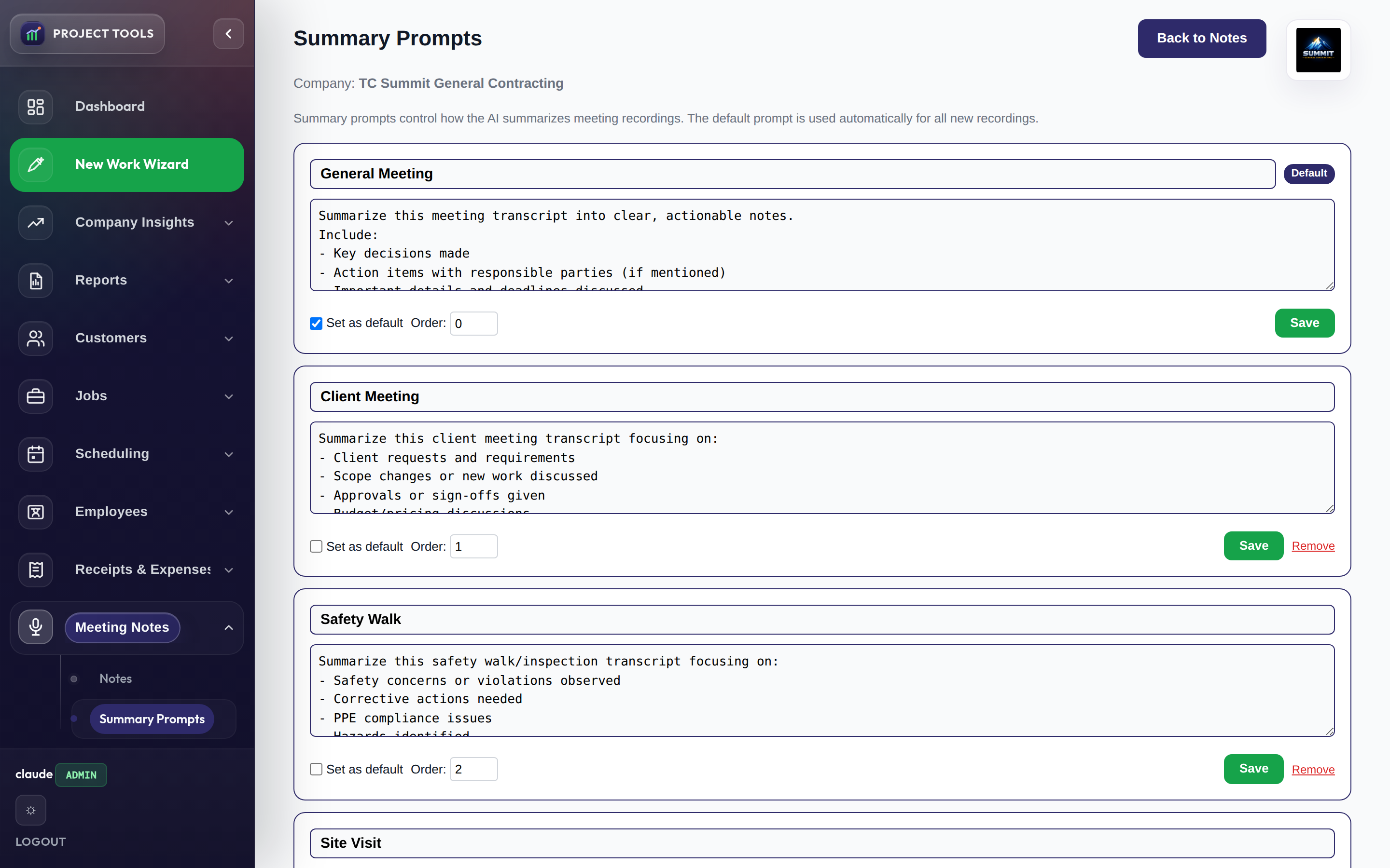 Summary Prompts management screen