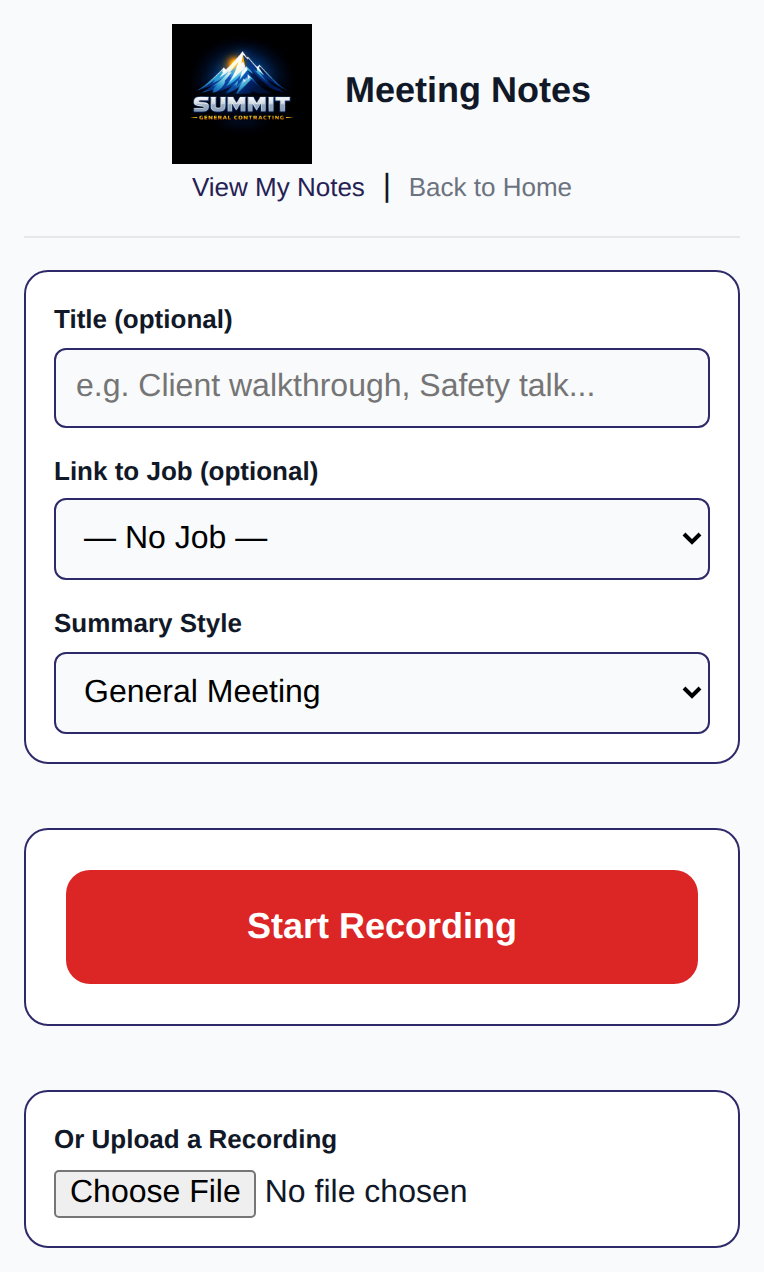 Meeting Notes record screen on a phone with a summary style selector