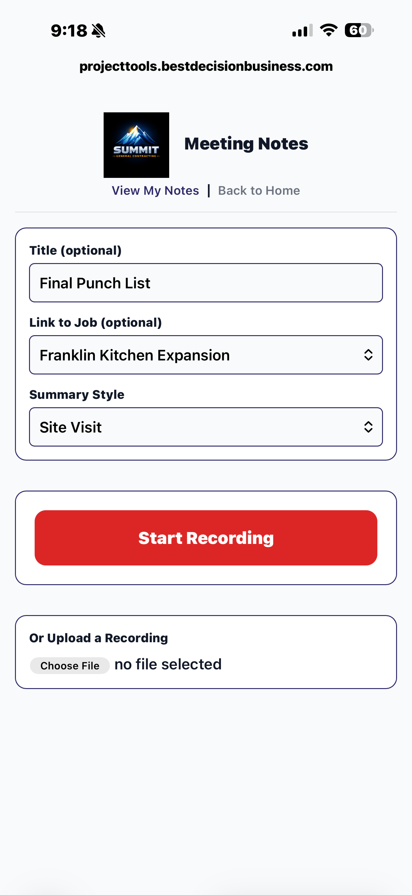 Meeting Notes detail view showing the recorded audio, transcript, and status ladder