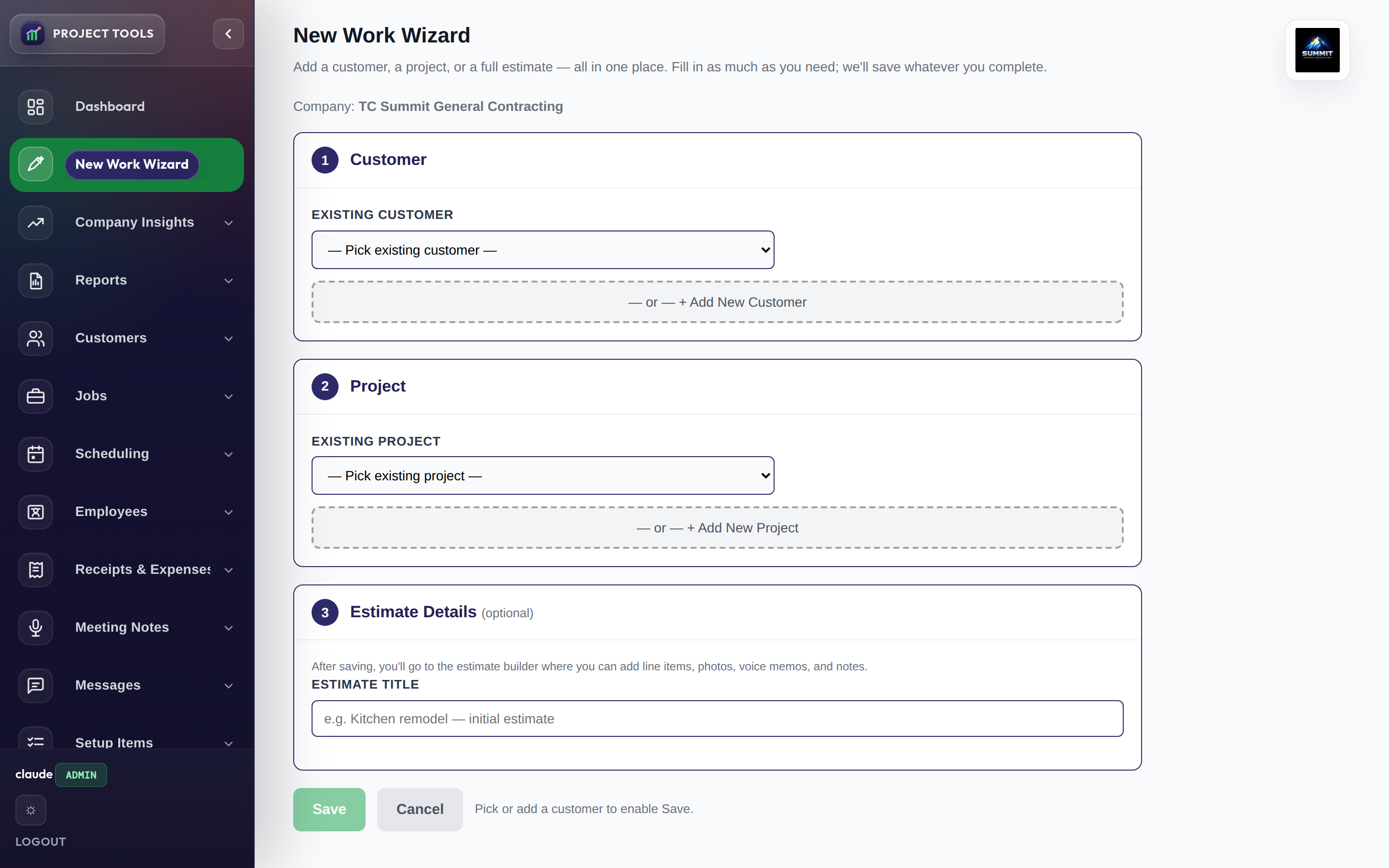 New Work Wizard creating a customer, project, and estimate in one flow