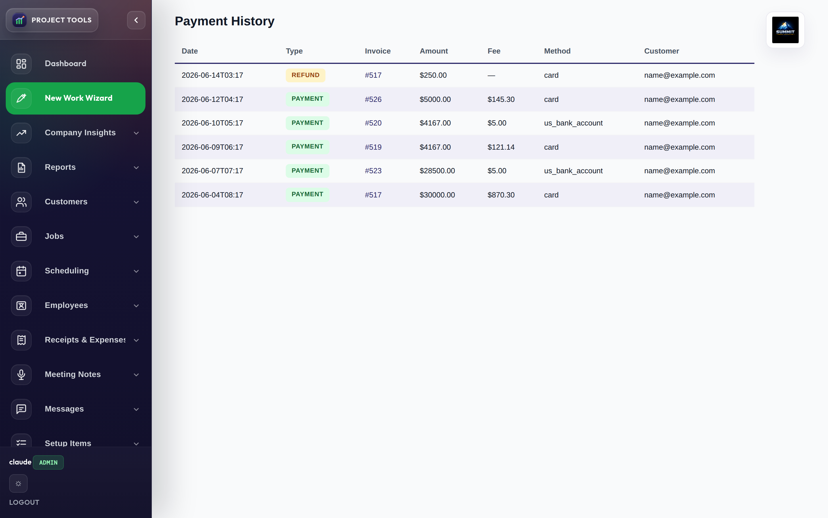 Payment history with card and ACH payments, fees, and a refund