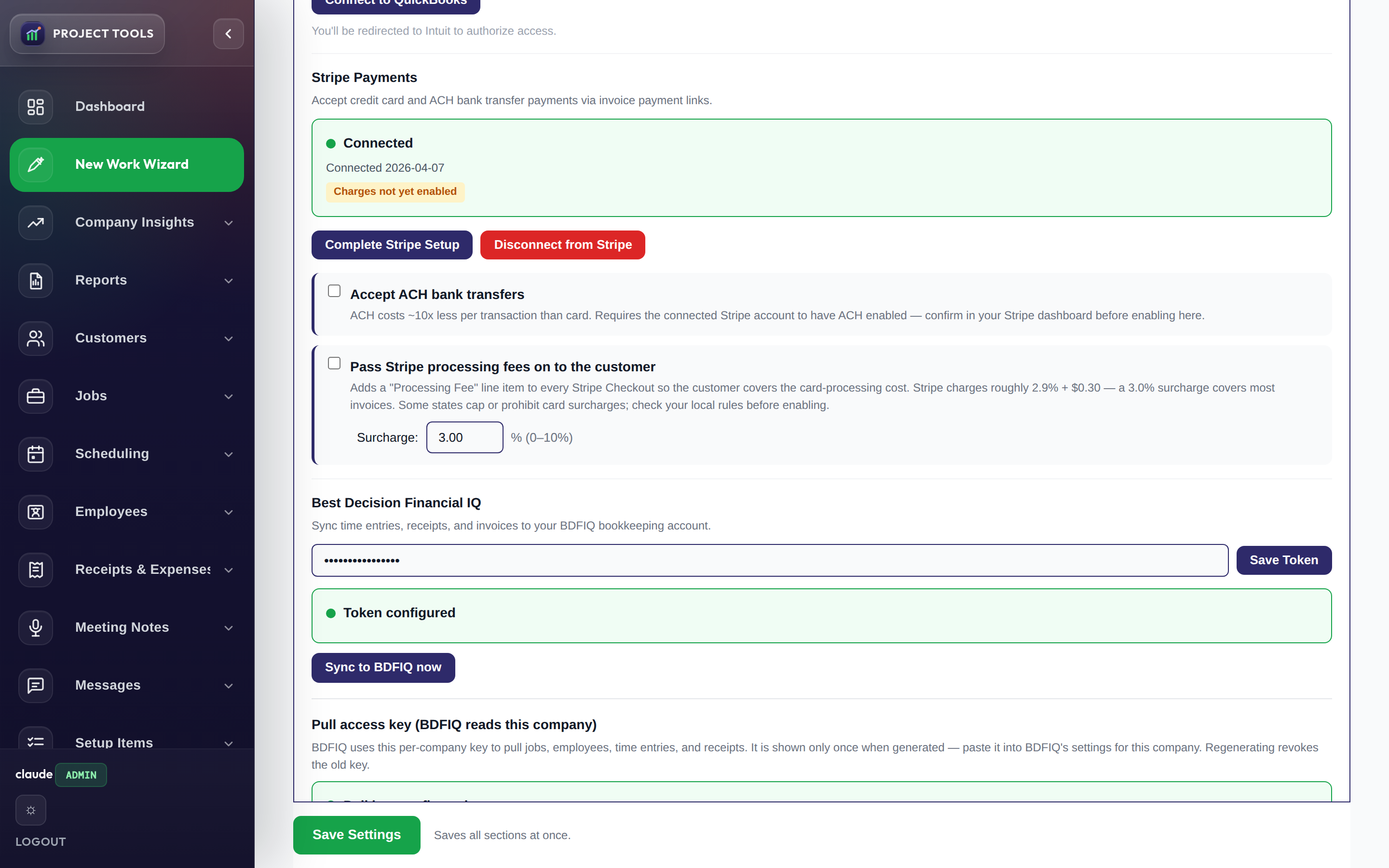 Stripe payments settings with card and ACH options and a fee surcharge toggle