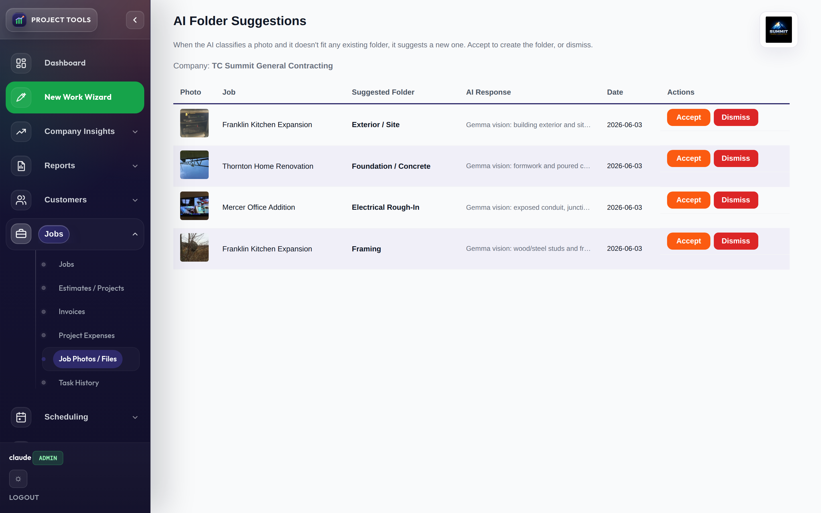 AI folder suggestions with a thumbnail, suggested folder, and AI rationale