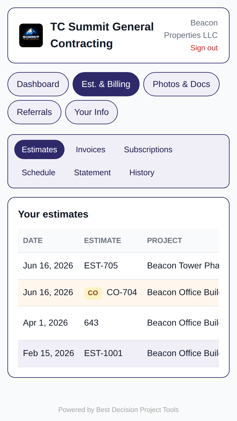 Customer portal estimates and billing page