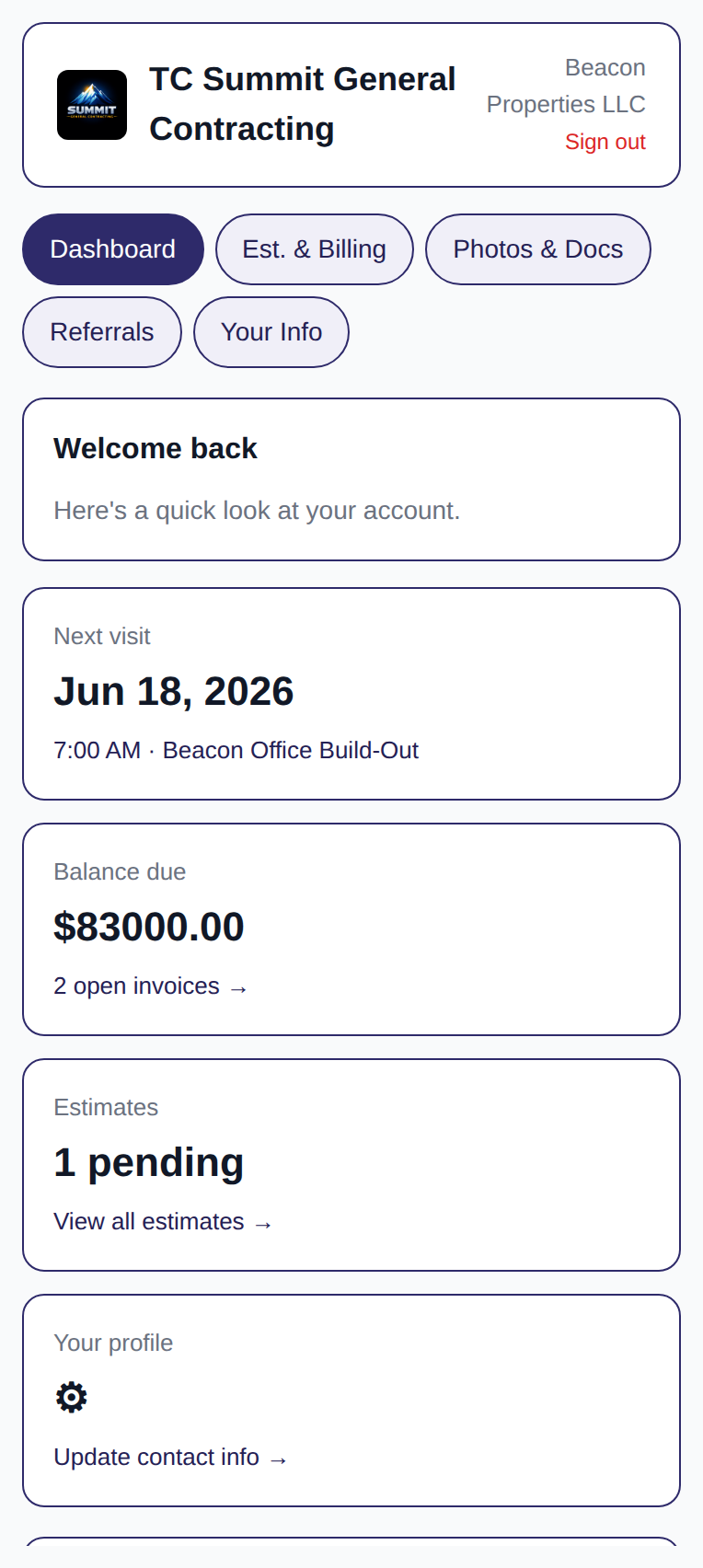 Customer portal home on a phone with next visit and balance due