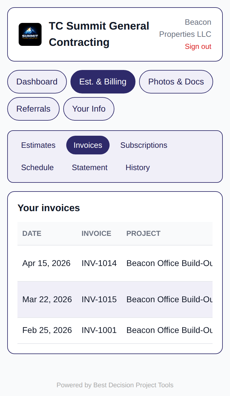 Customer portal invoices page with pay option