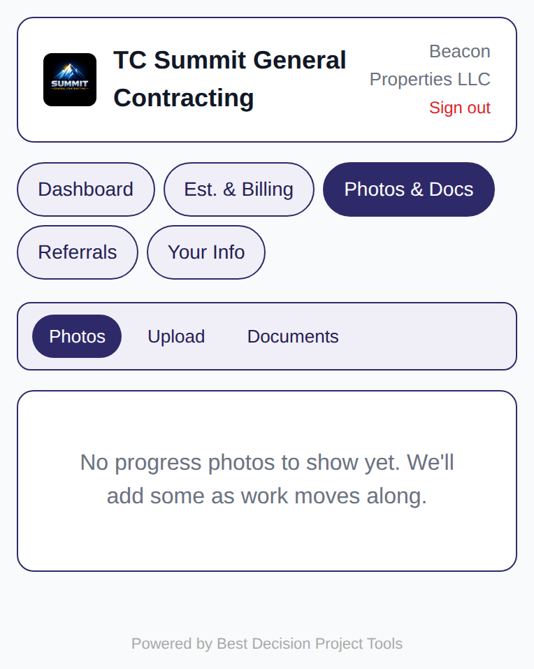 Customer portal photos and documents page