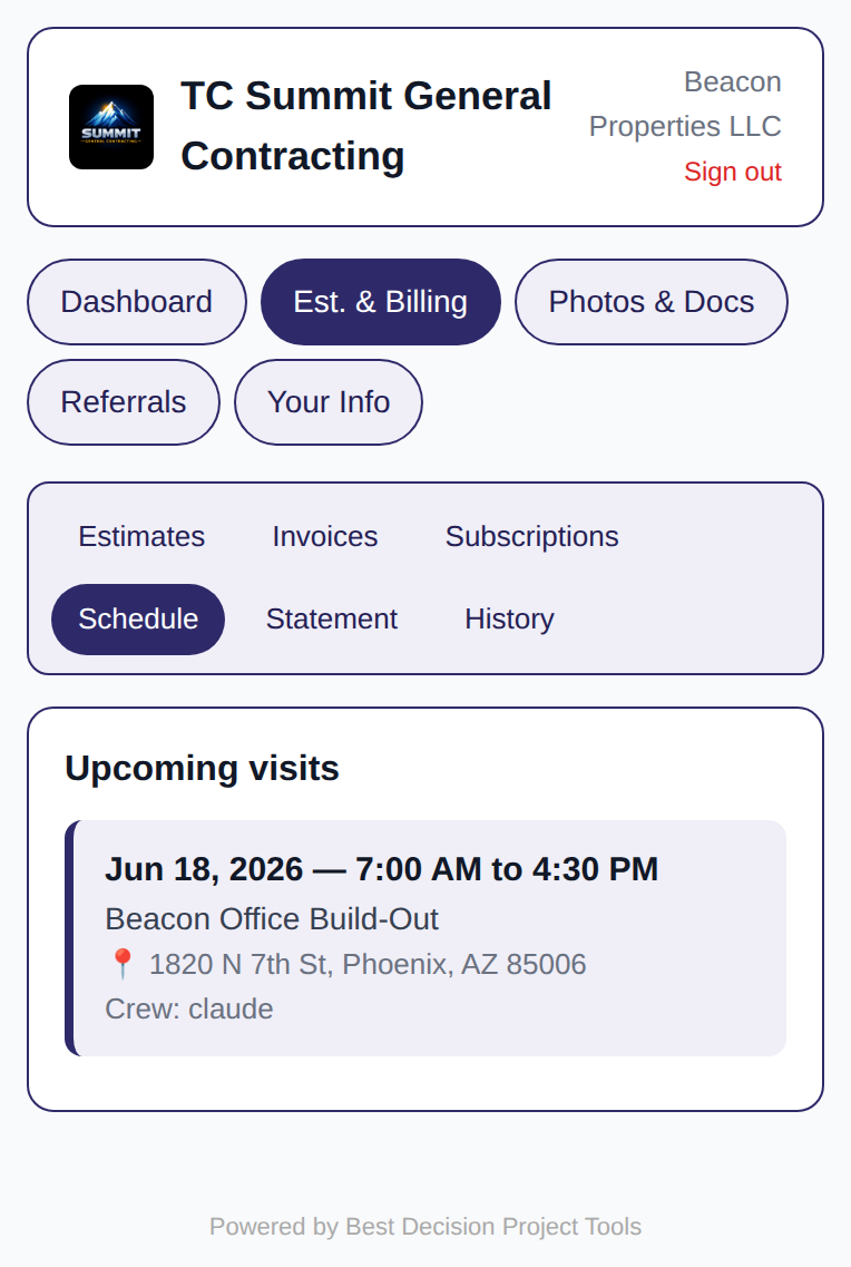 Customer portal schedule of upcoming visits