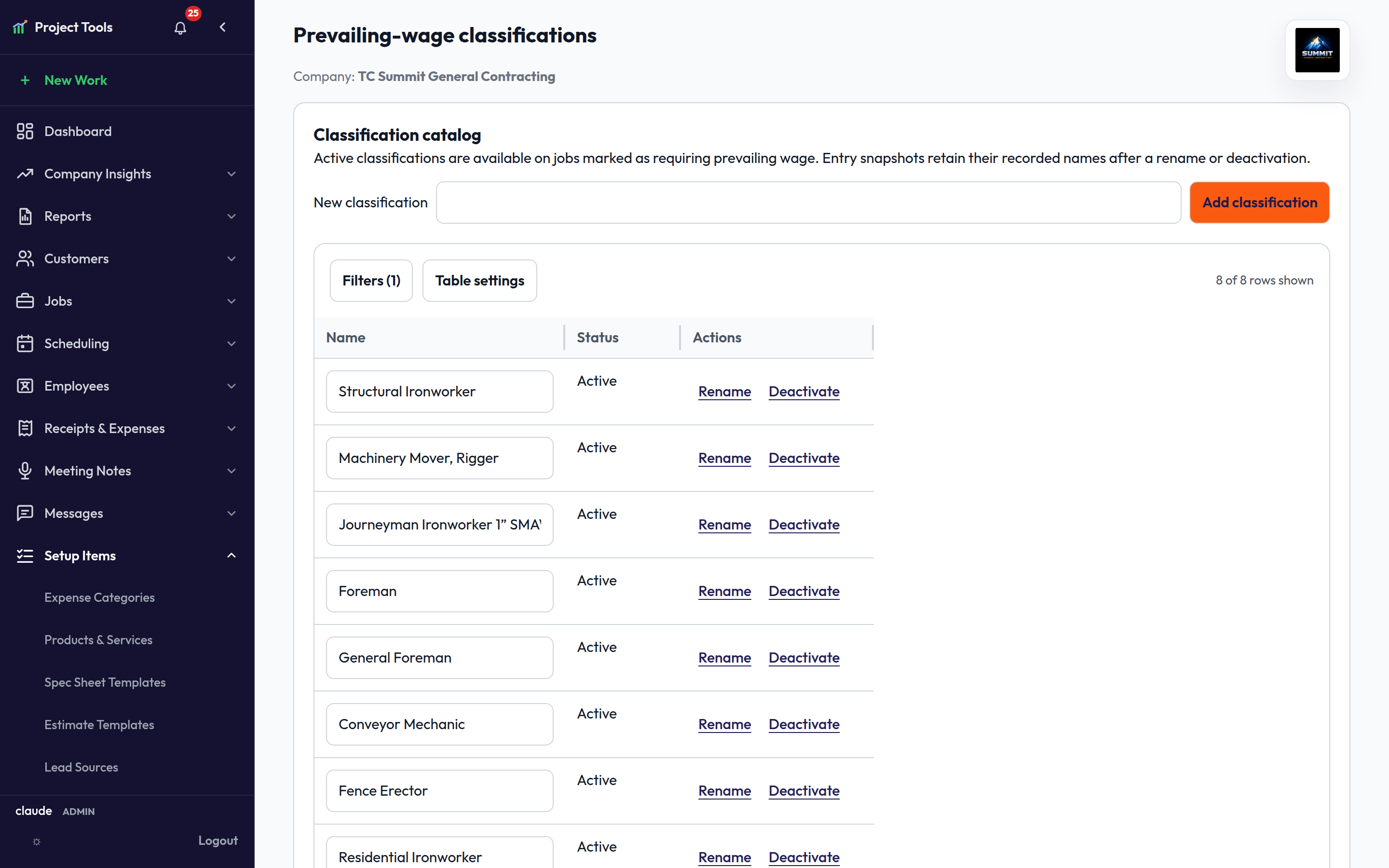 Prevailing-wage classification catalog with active names and rename and deactivate controls