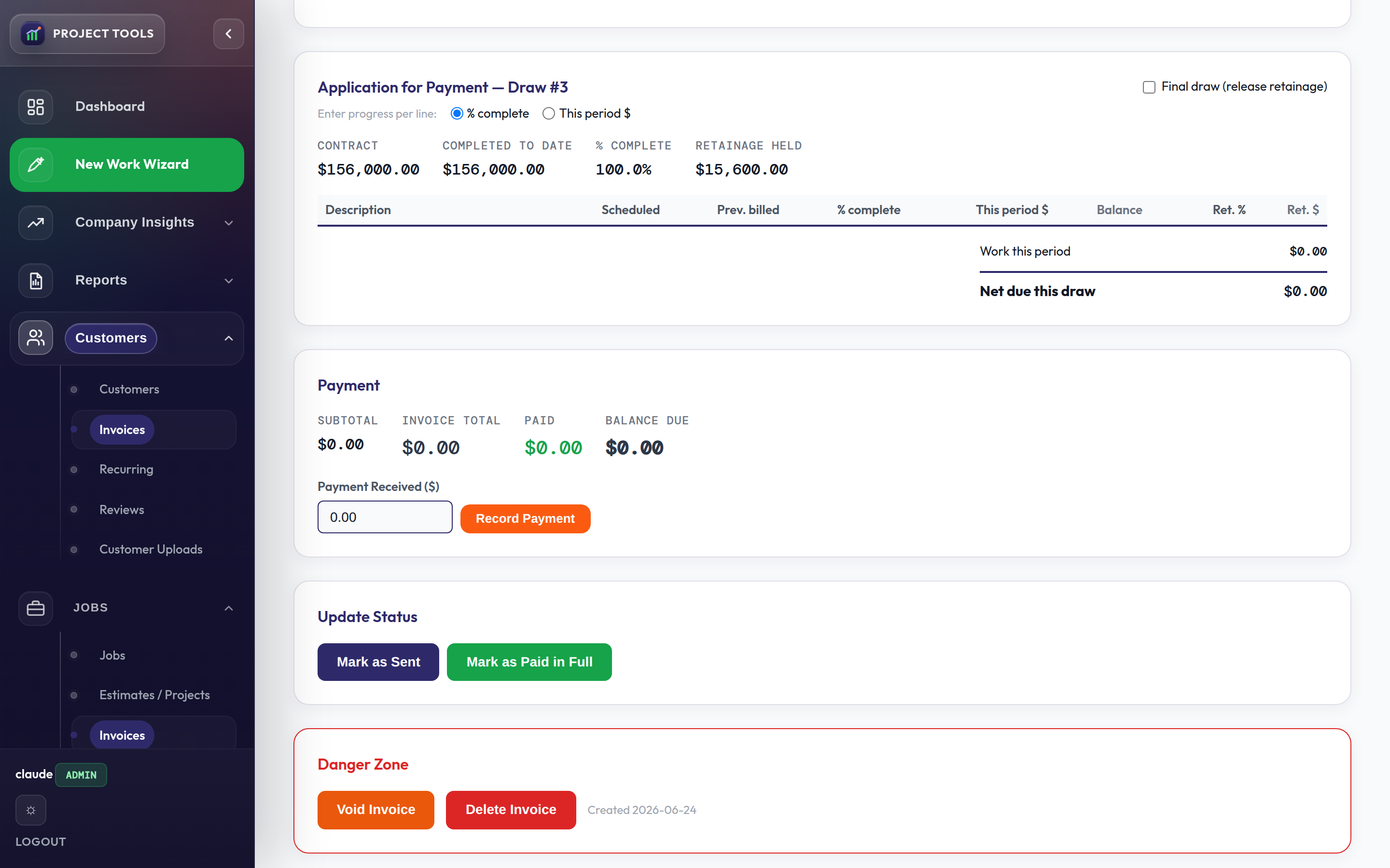 Draw application for payment with a schedule of values per line