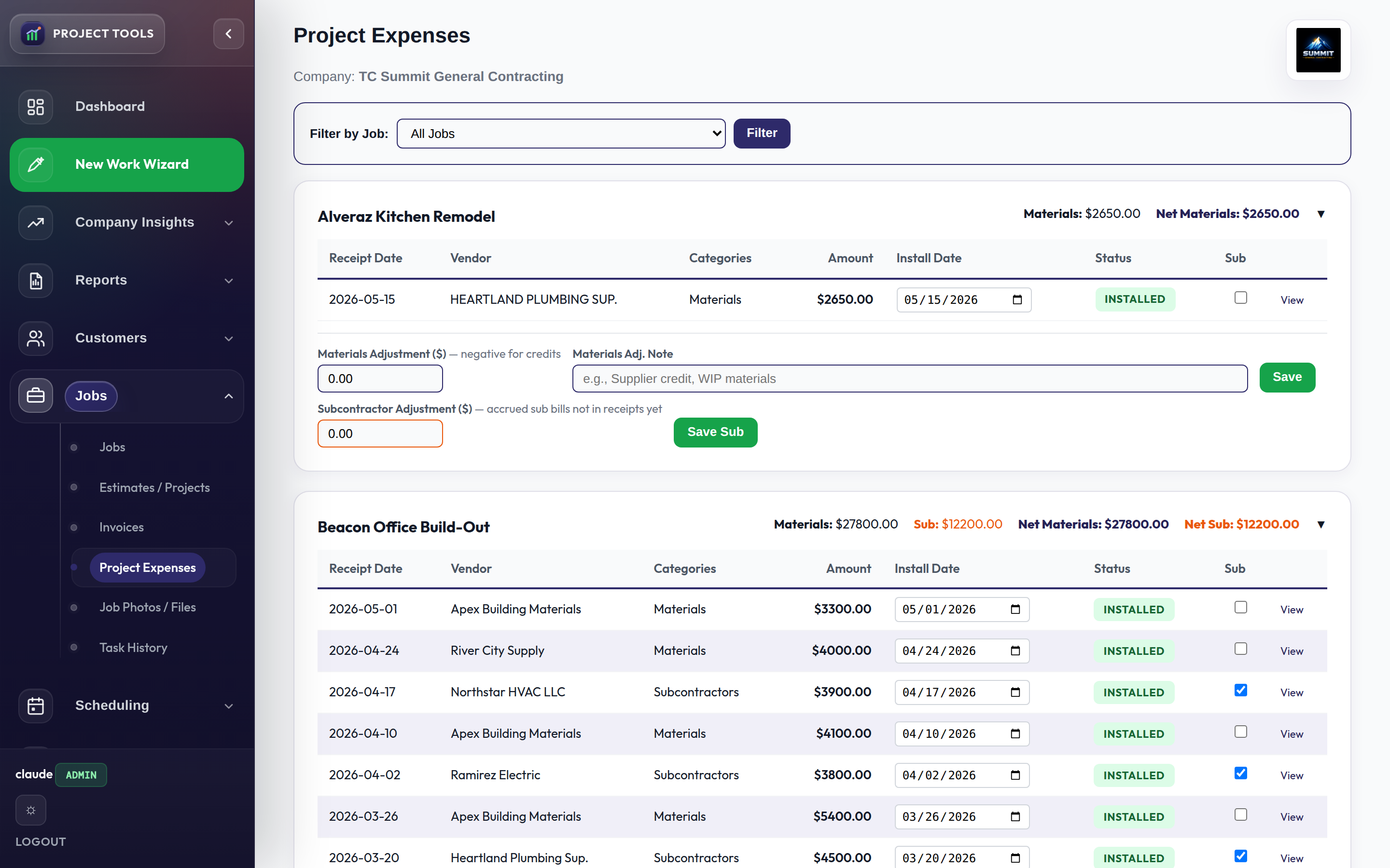 Project Expenses grouped by job with Materials, Labor, and Subs columns