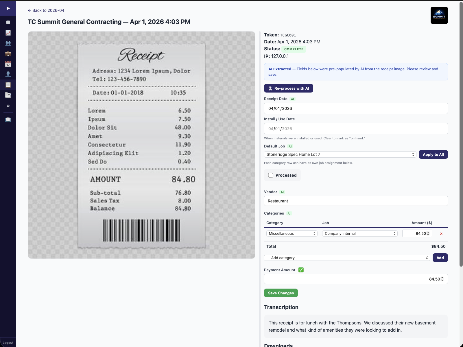 Receipt detail with AI-extracted fields, job assignment, categories, and QBO sync