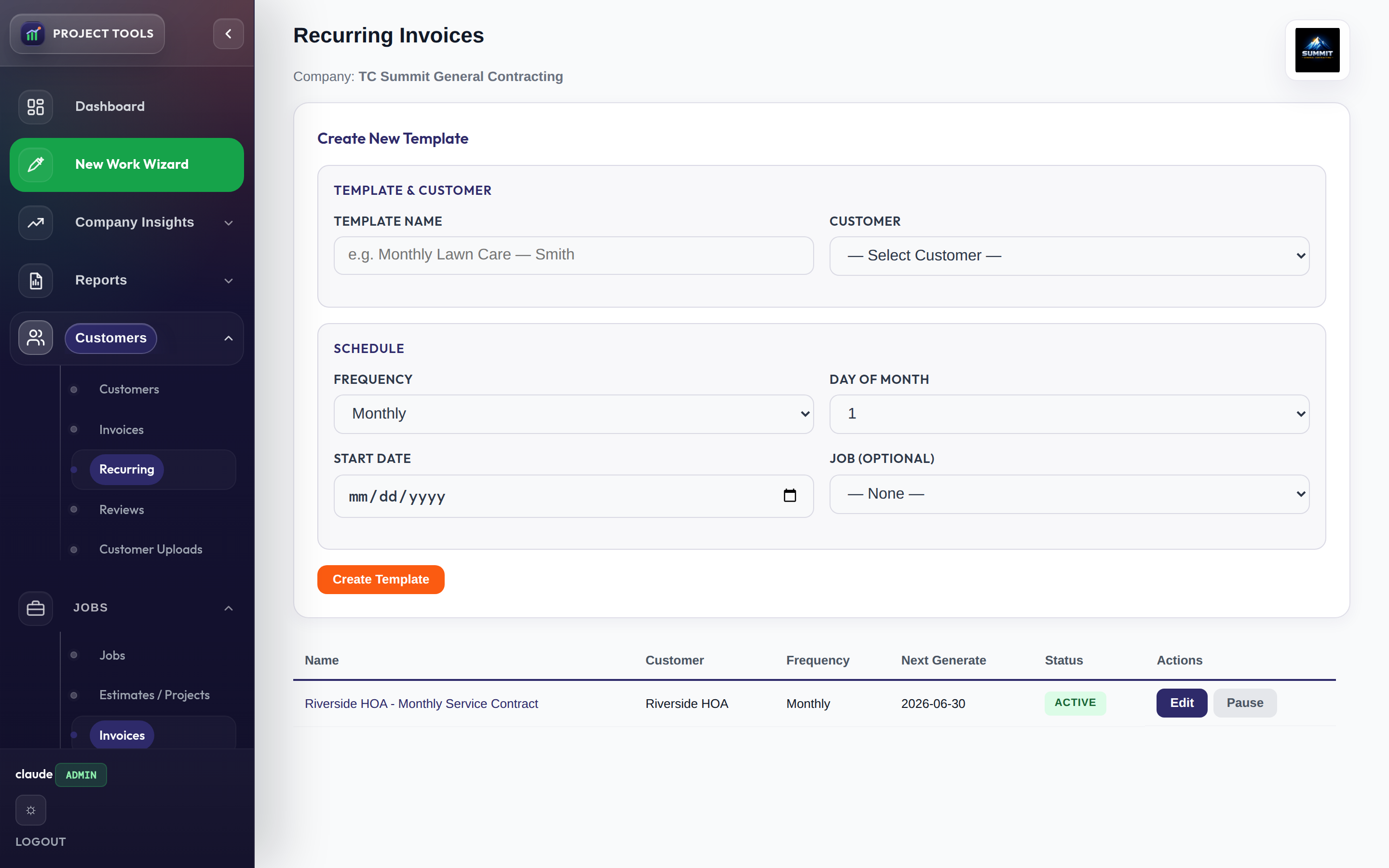 Recurring invoices screen