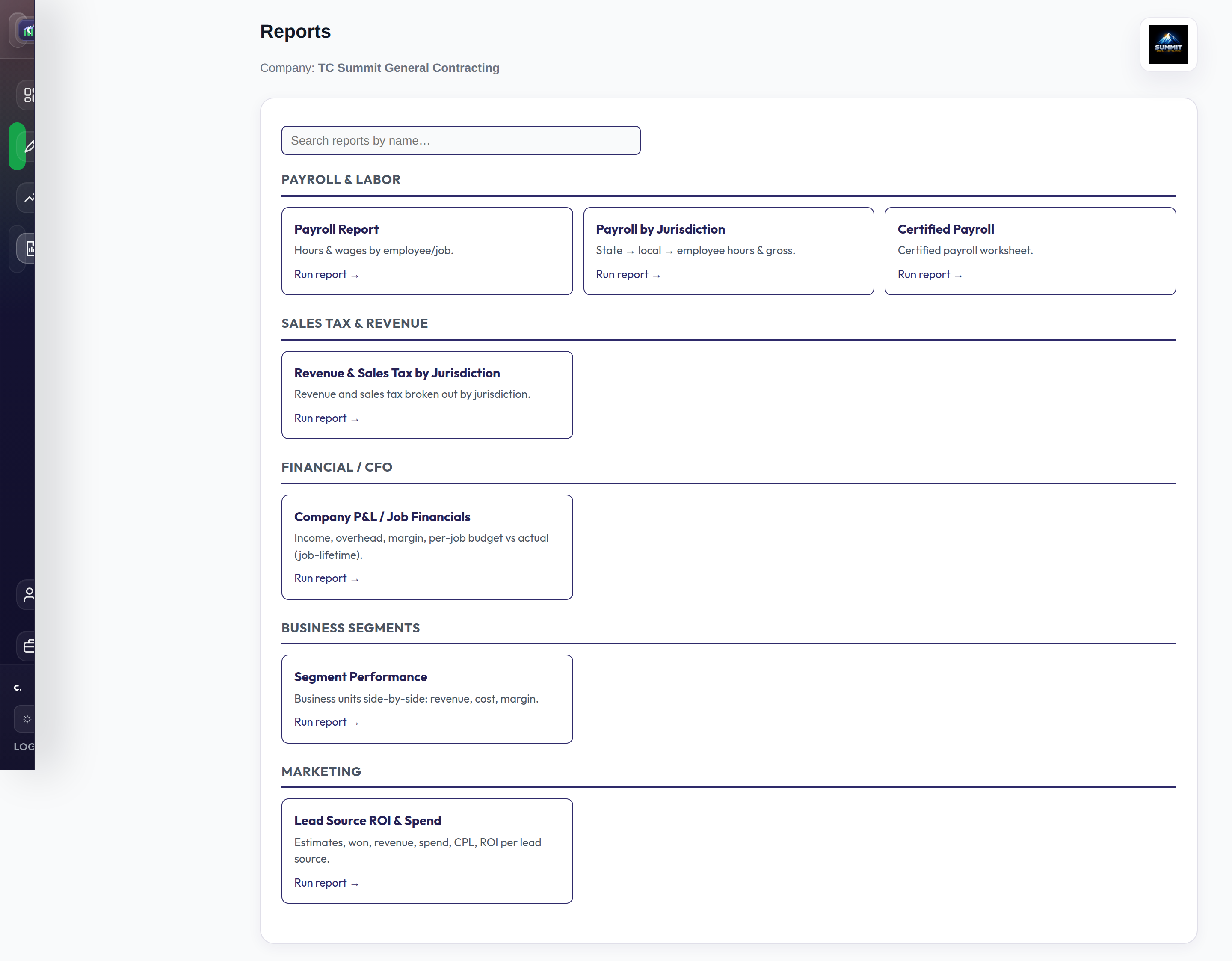 Reports hub grouping payroll, sales tax, financial, segment, and marketing reports